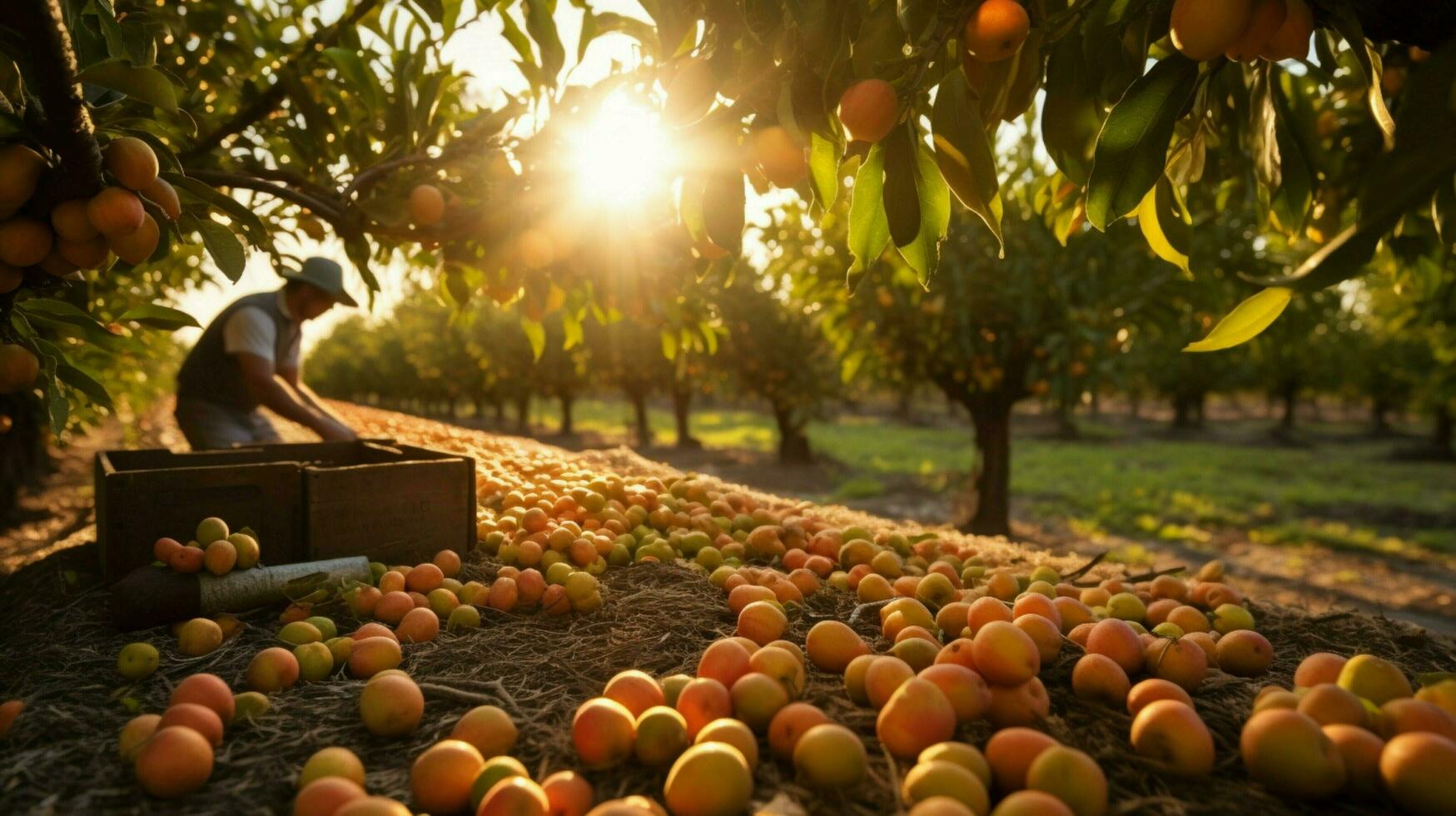 agricultores cosecha Fresco Fruta en el otoño luz de sol calor foto