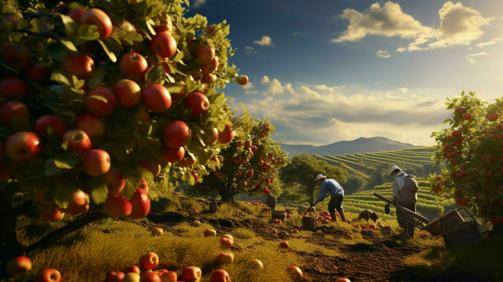 farmers harvesting fresh fruit in the autumn sunlight heat photo