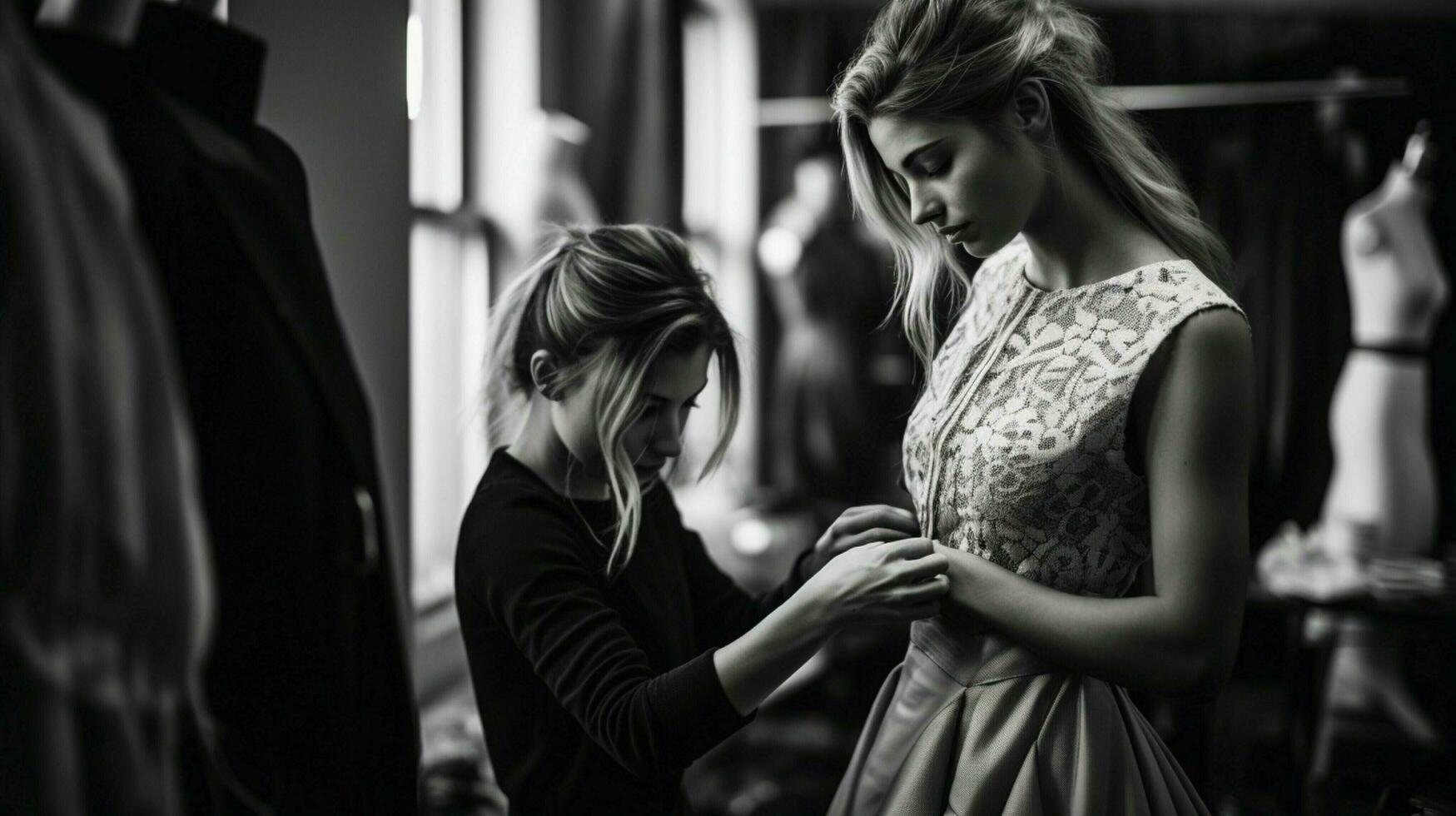 fashionable boutique owner measures dress in black photo