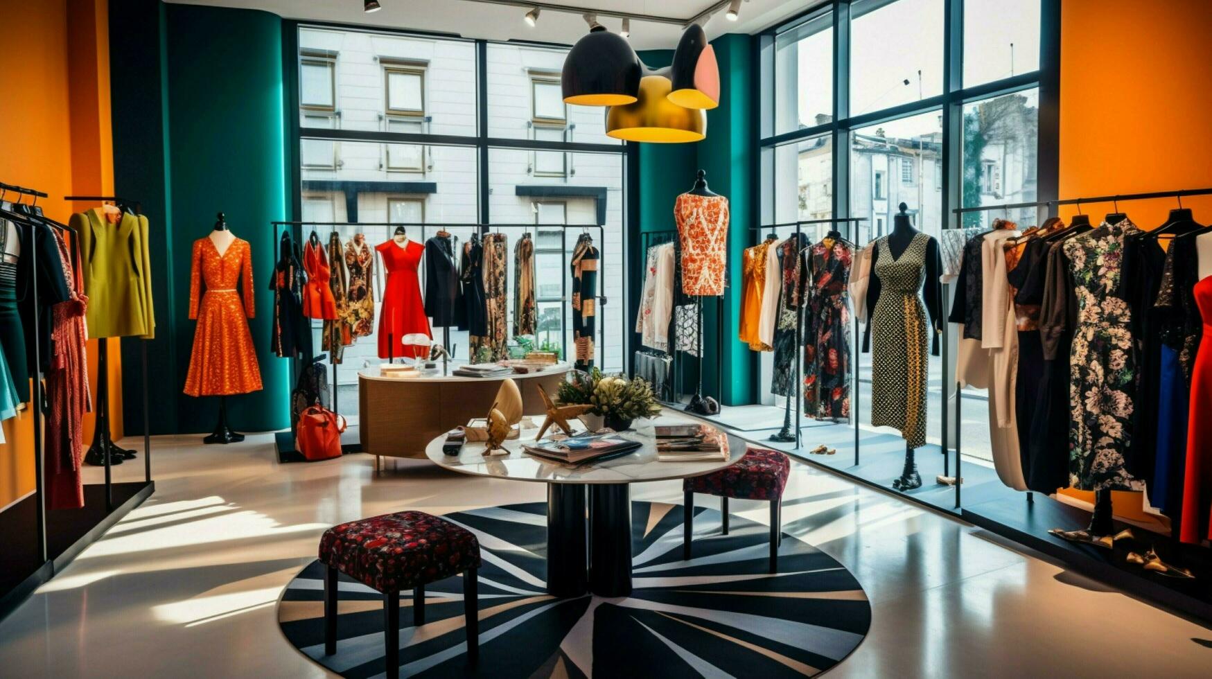 fashionable clothing in a modern boutique store photo