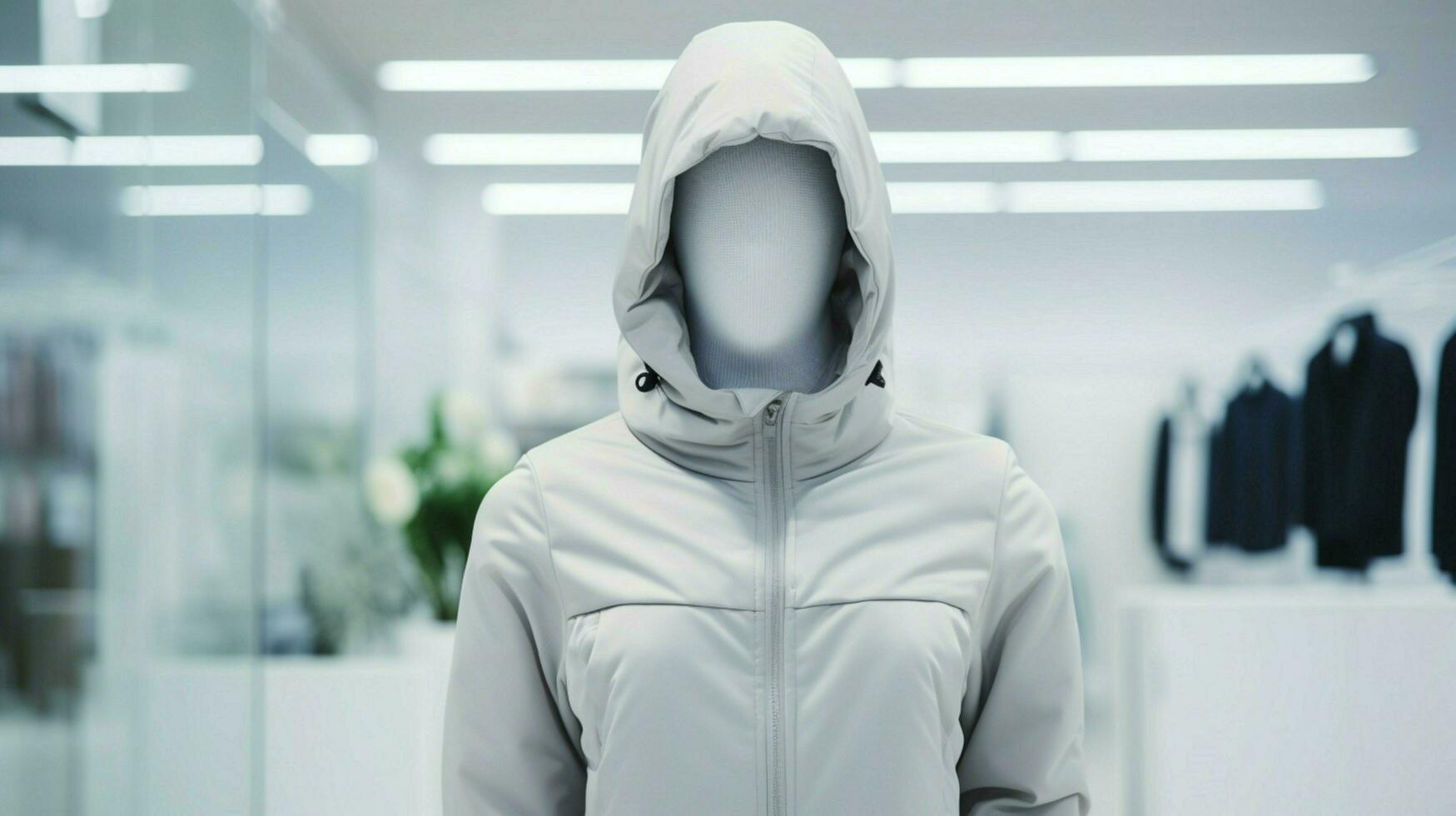 fashionable mannequin wears modern hooded jacket photo