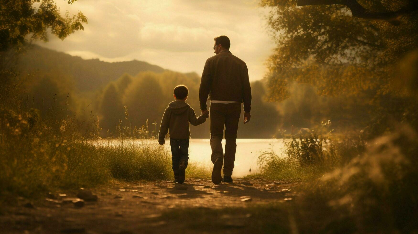 padre y hijo caminando disfrutando naturaleza belleza foto