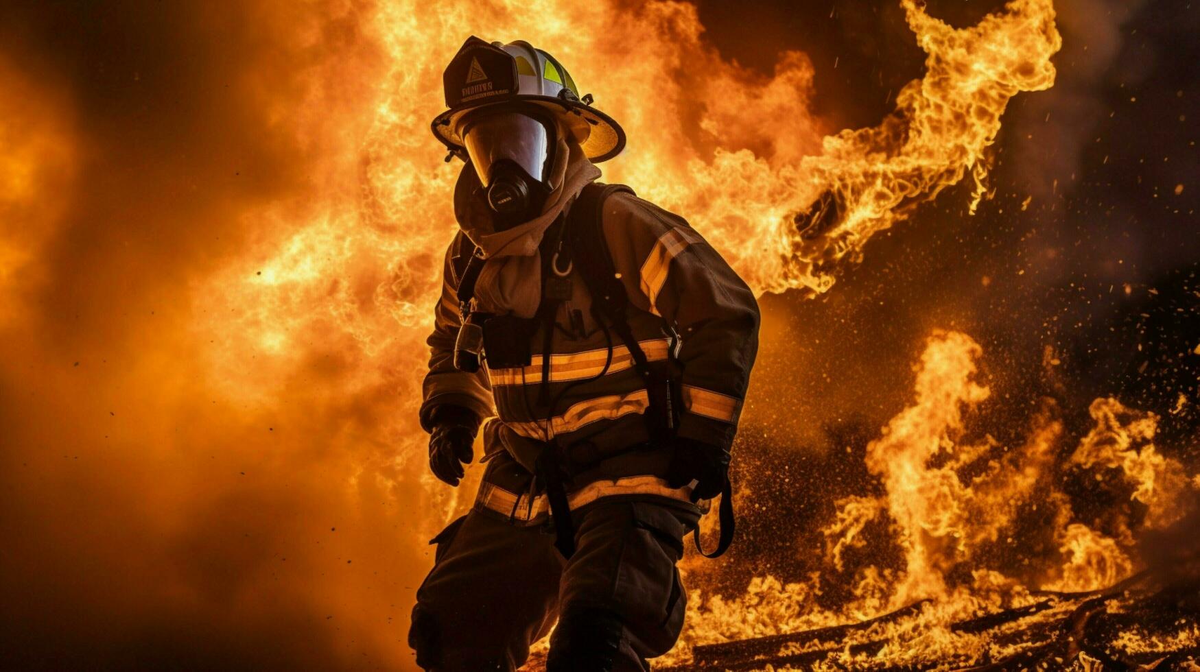 firefighter in protective gear battles raging photo