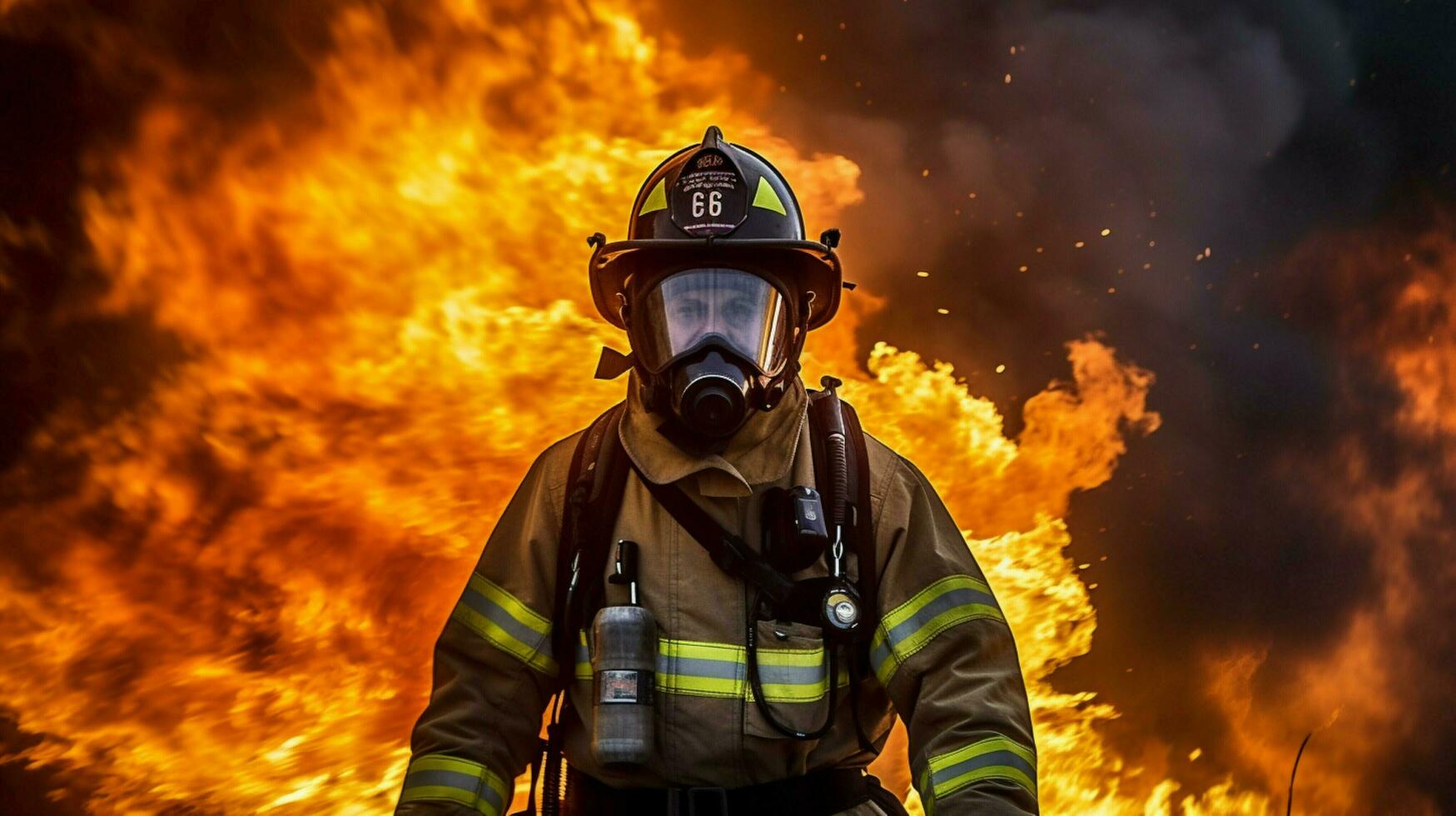 firefighter in protective gear battles raging photo