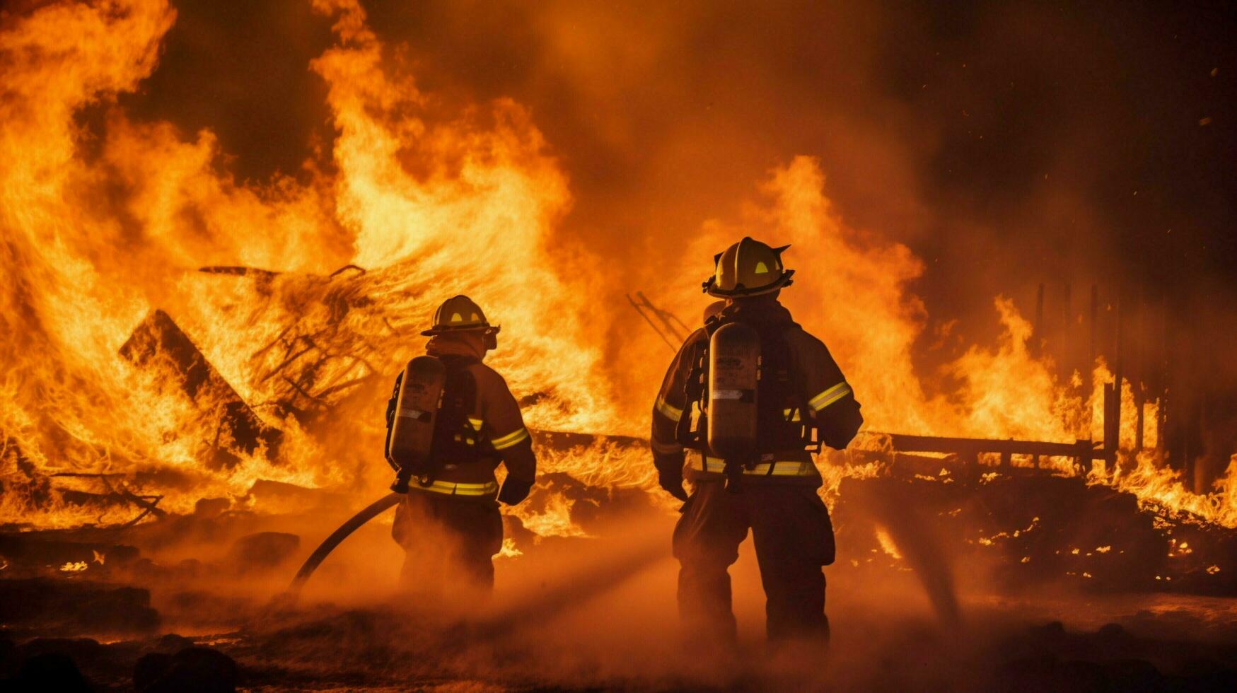 firefighter in protective gear battles raging photo
