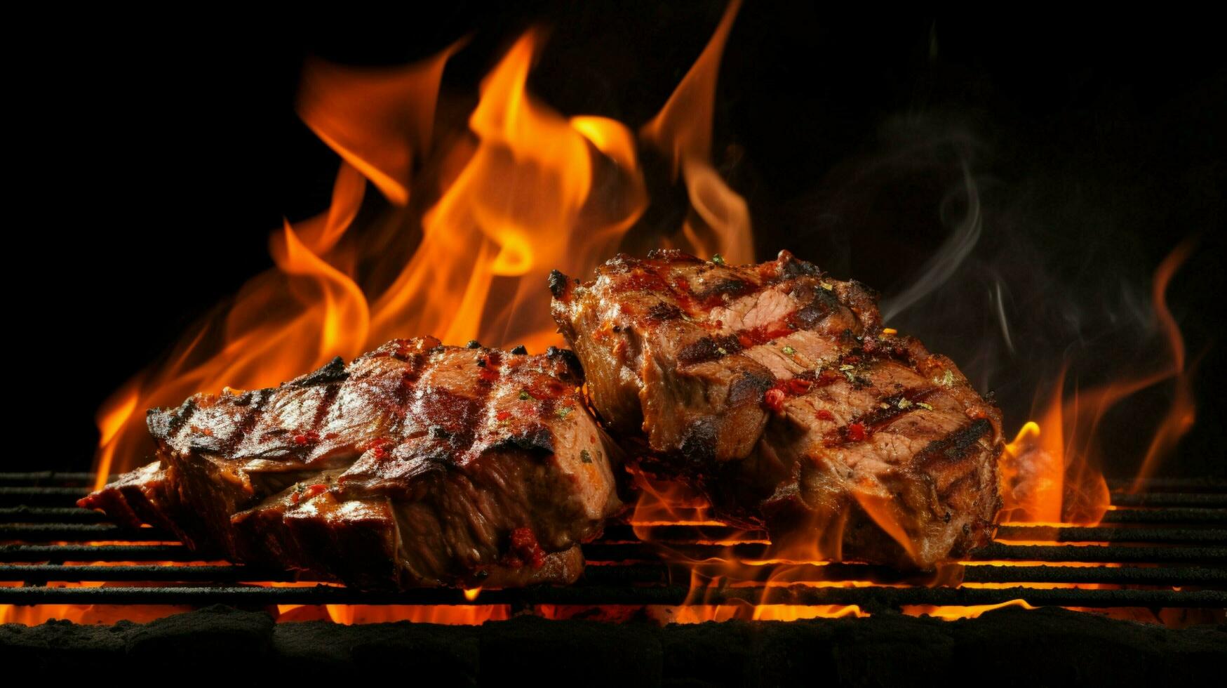 flame grilled meat cooking on flames photo