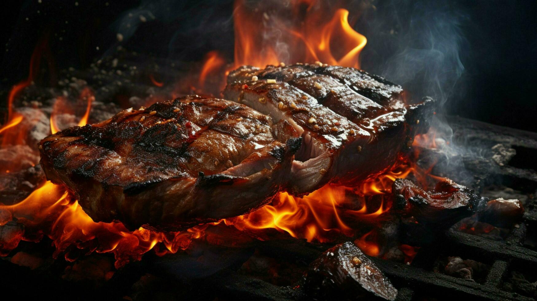 flame grilled meat cooking on flames photo