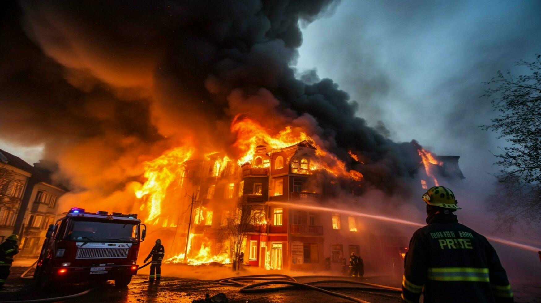 flames engulfed the burning building firefighters worked photo