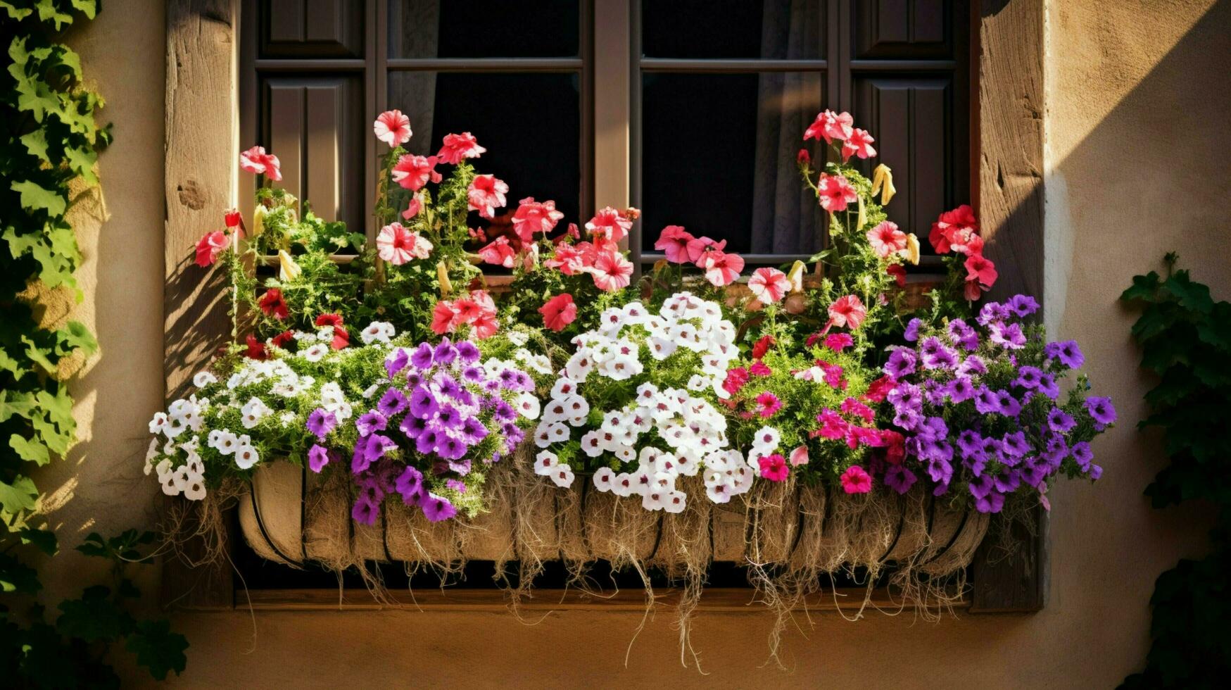 flower pot on outdoor window summer design photo