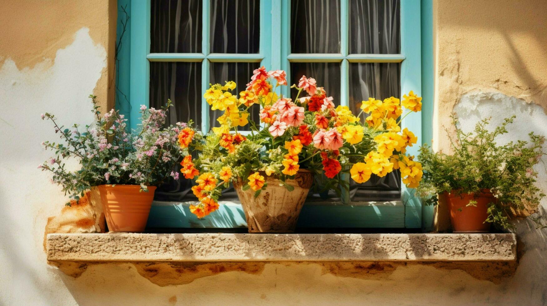 flower pot on outdoor window summer design photo