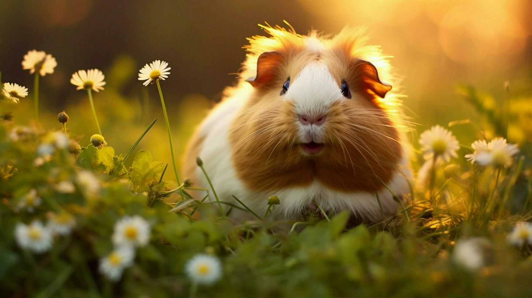 fluffy guinea pig with whiskers lying on grass looking photo