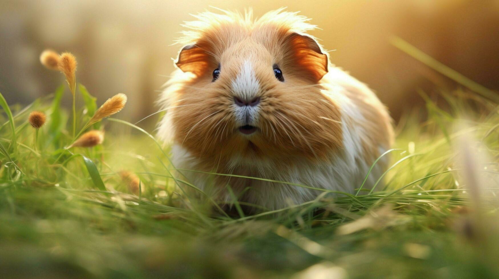 fluffy guinea pig with whiskers lying on grass looking photo