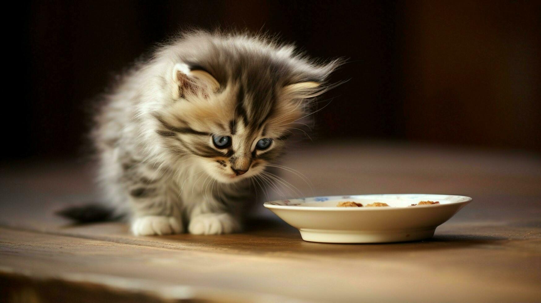 fluffy kitten eating from saucer on wooden table indoors photo