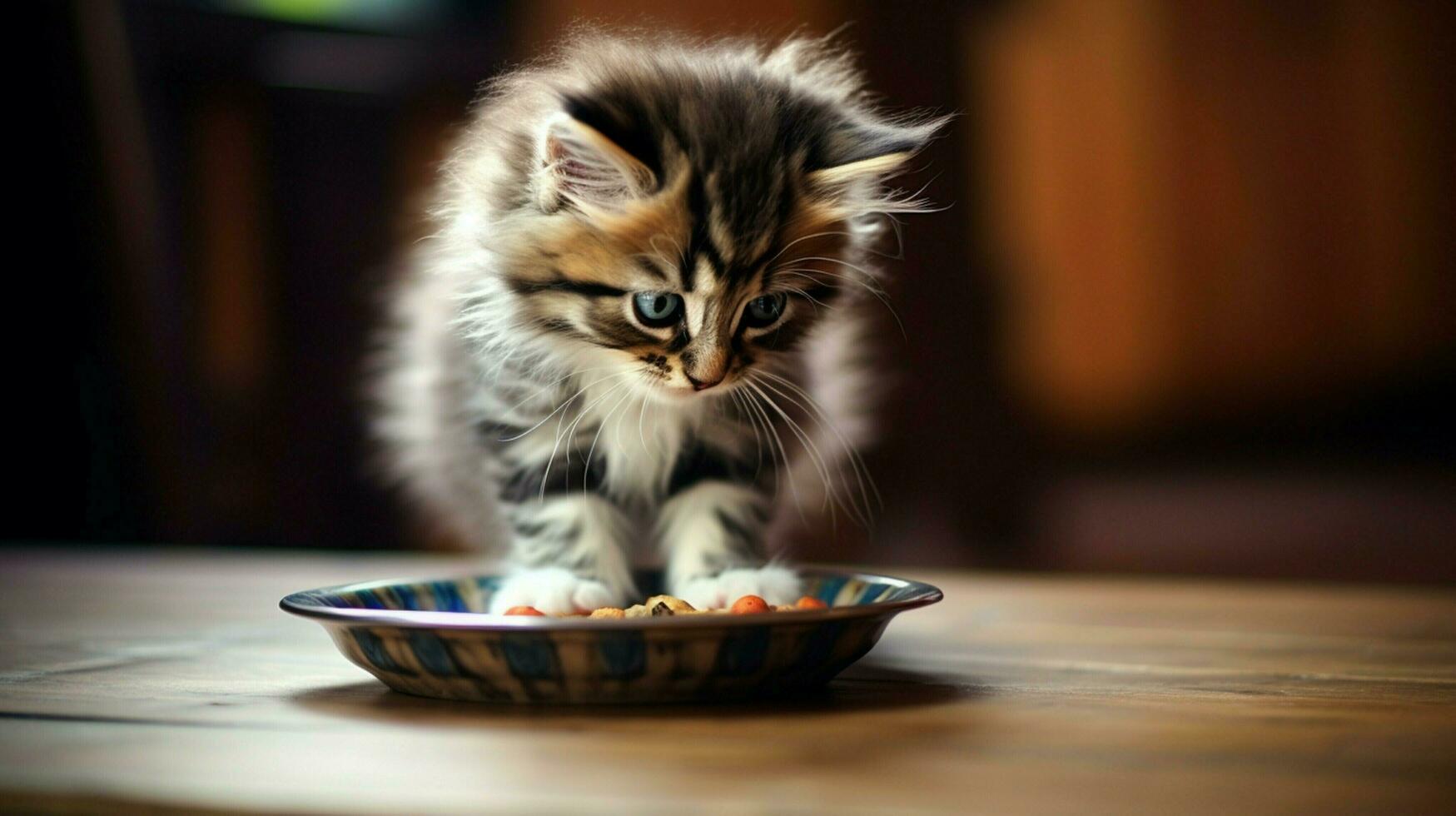 fluffy kitten eating from saucer on wooden table indoors photo