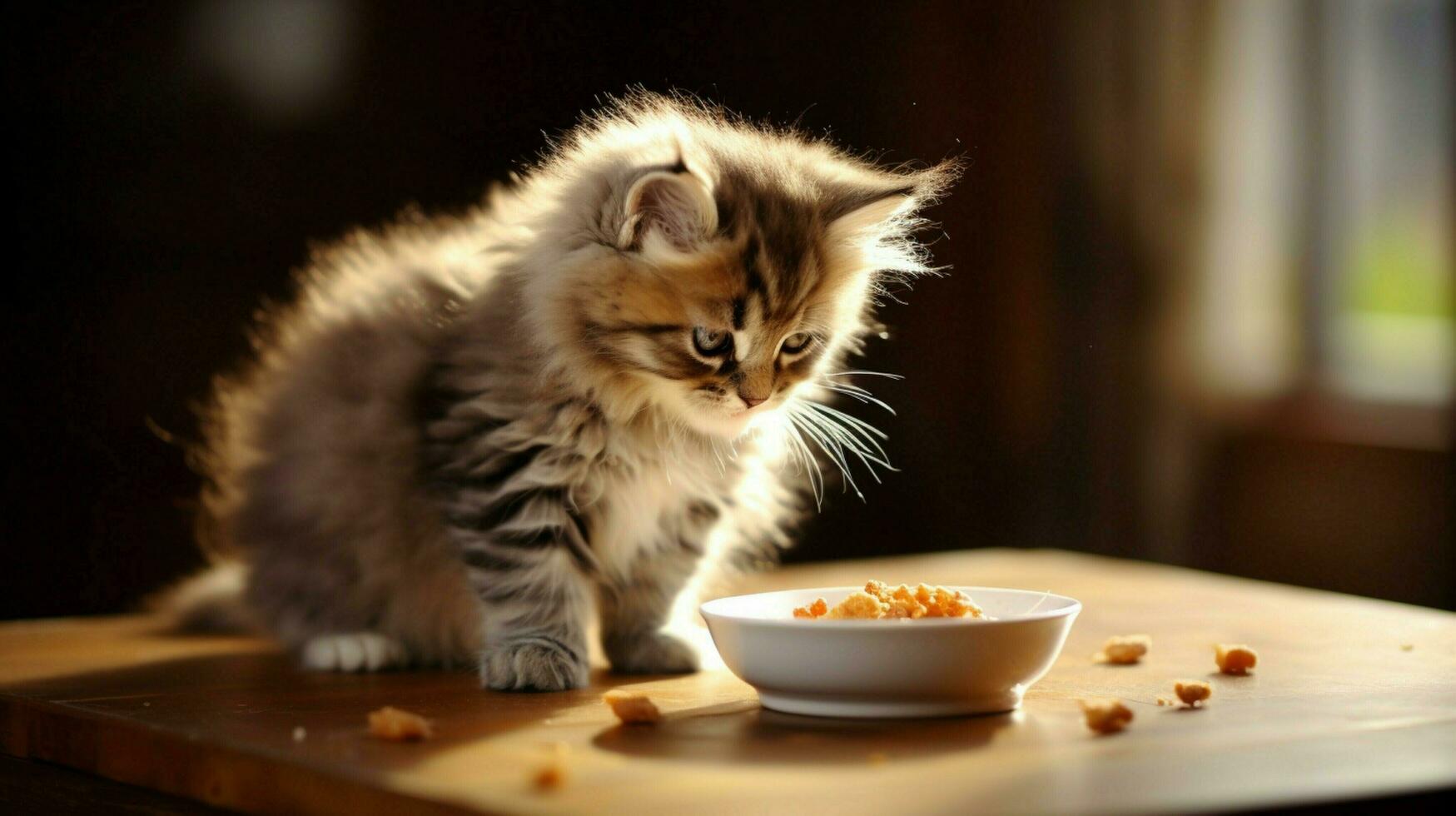 fluffy kitten eating from saucer on wooden table indoors photo