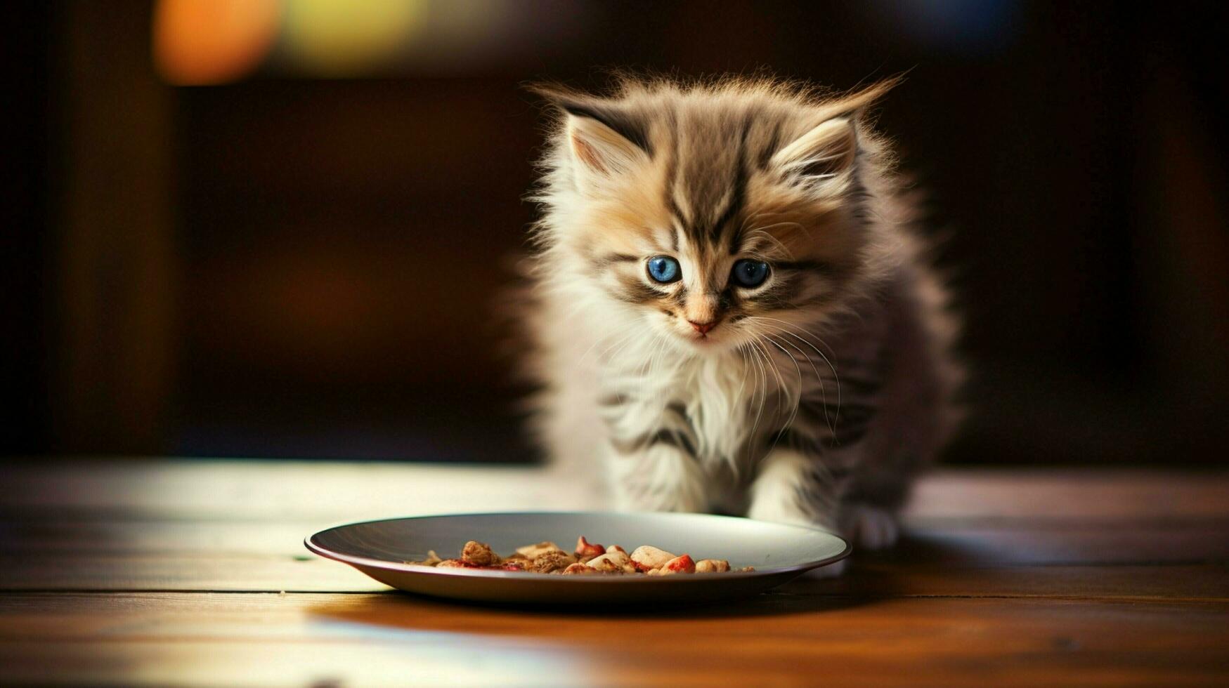 fluffy kitten eating from saucer on wooden table indoors photo