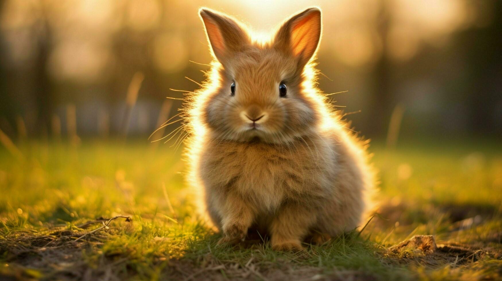 fluffy young rabbit sitting outdoors looking at camera photo