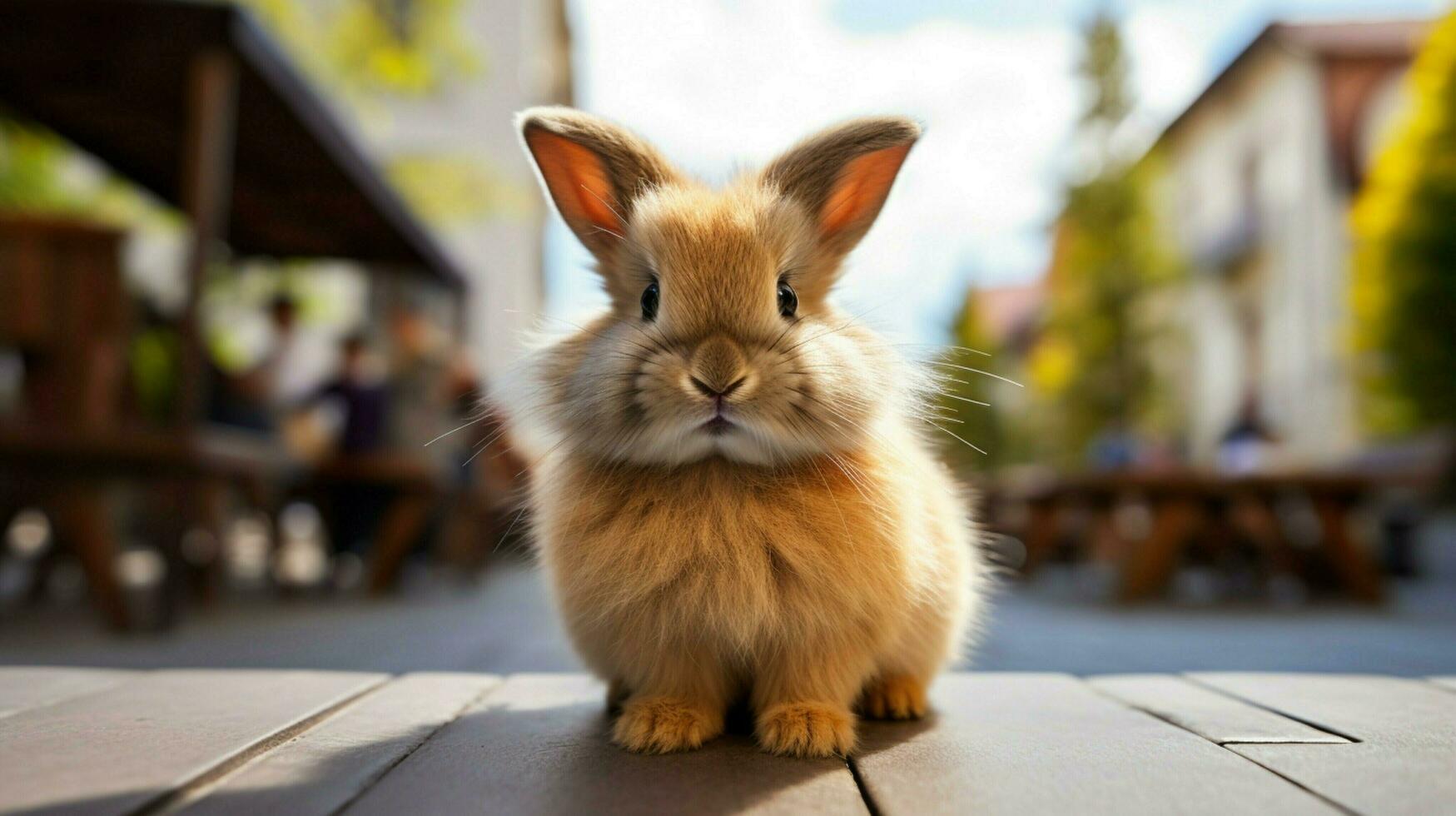 fluffy young rabbit sitting outdoors looking at camera photo
