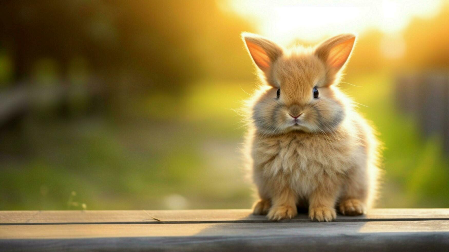 fluffy young rabbit sitting outdoors looking at camera photo