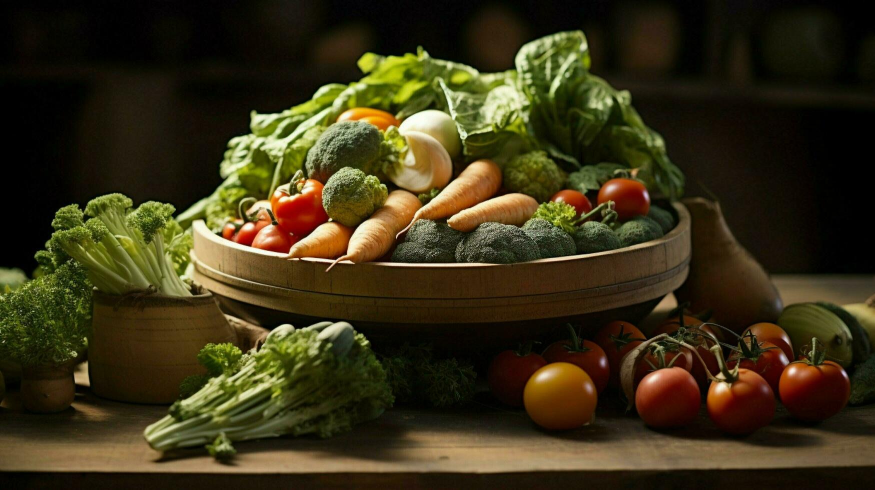 foreground focus on rustic bowl of fresh organic vegetable photo