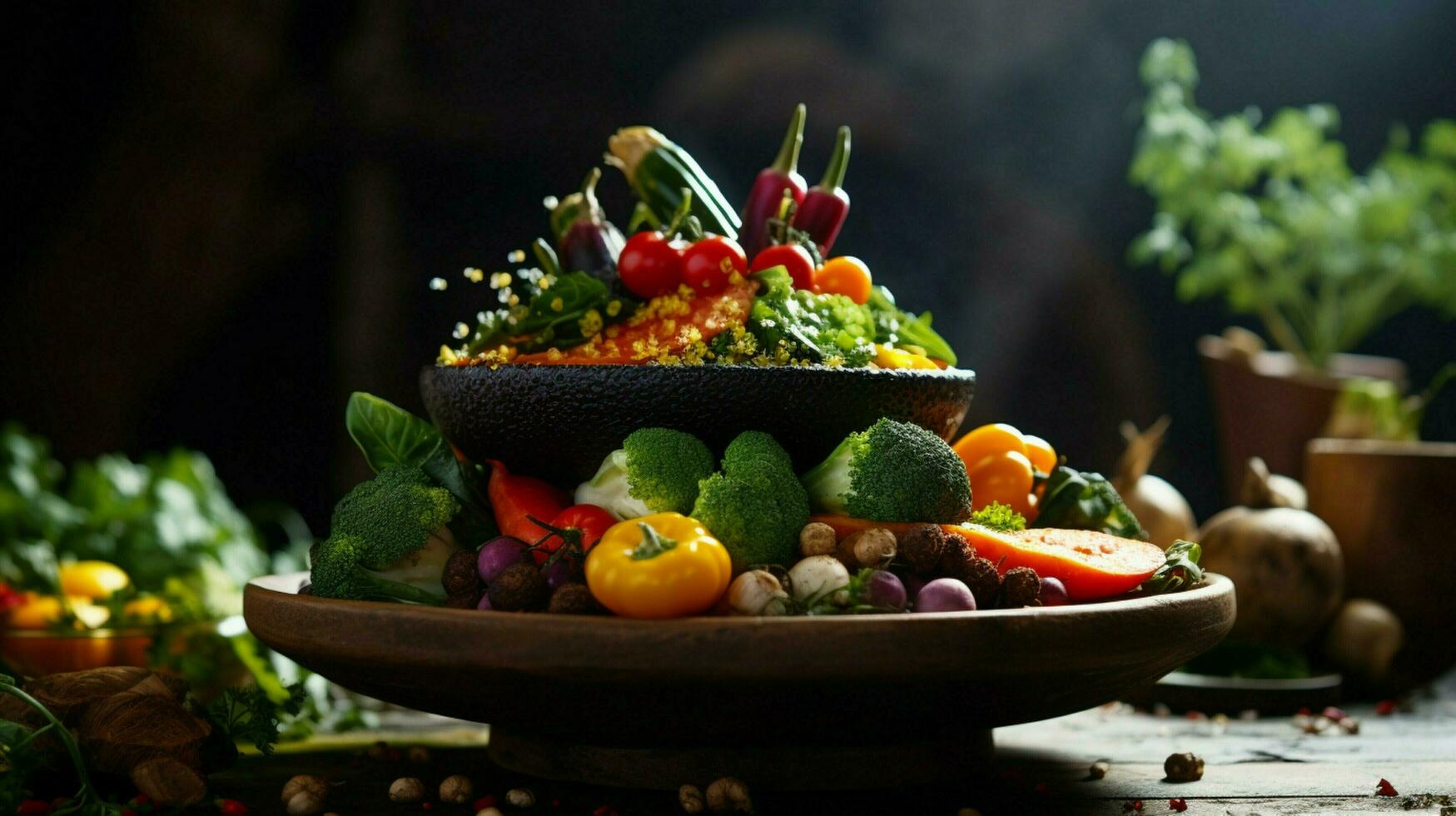 foreground focus on rustic bowl of fresh organic vegetable photo