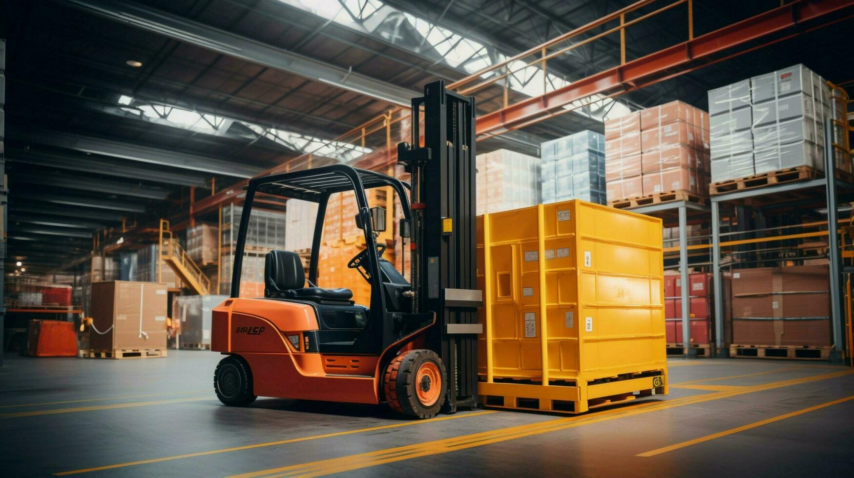 forklift transporting cargo container in industrial warehouse photo