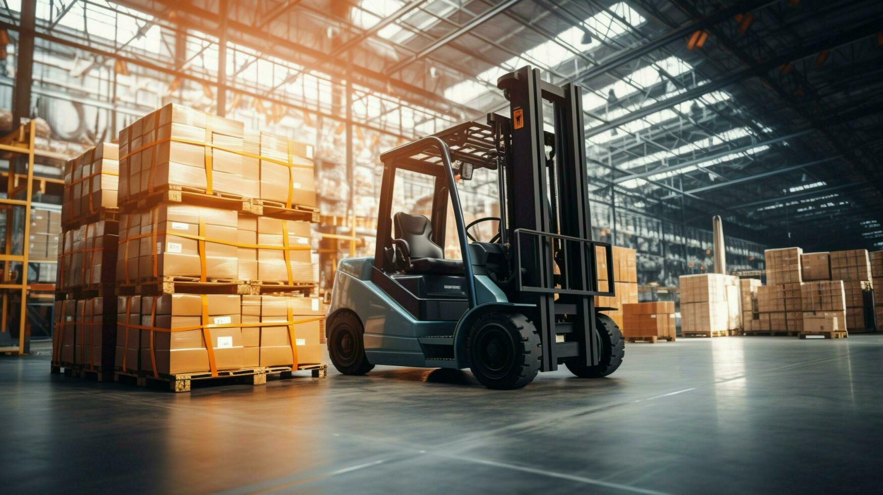 forklift transporting cargo container in industrial warehouse photo