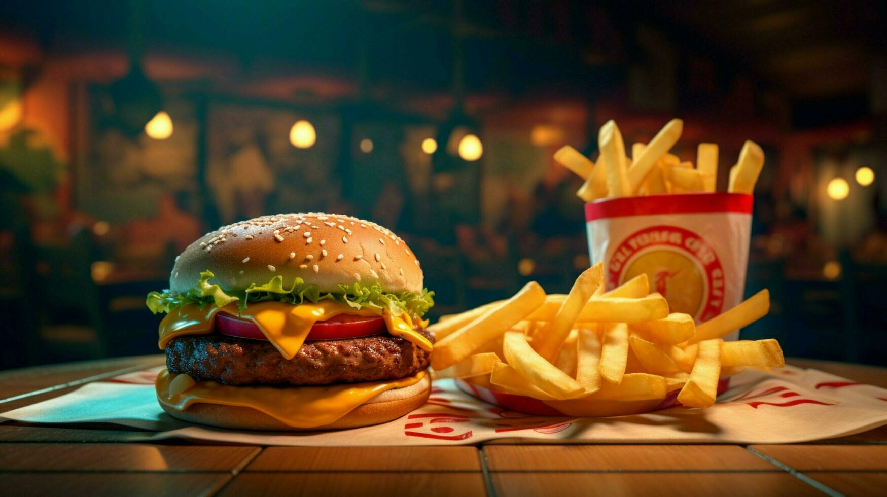 french fries and hamburger in fast food restaurant photo