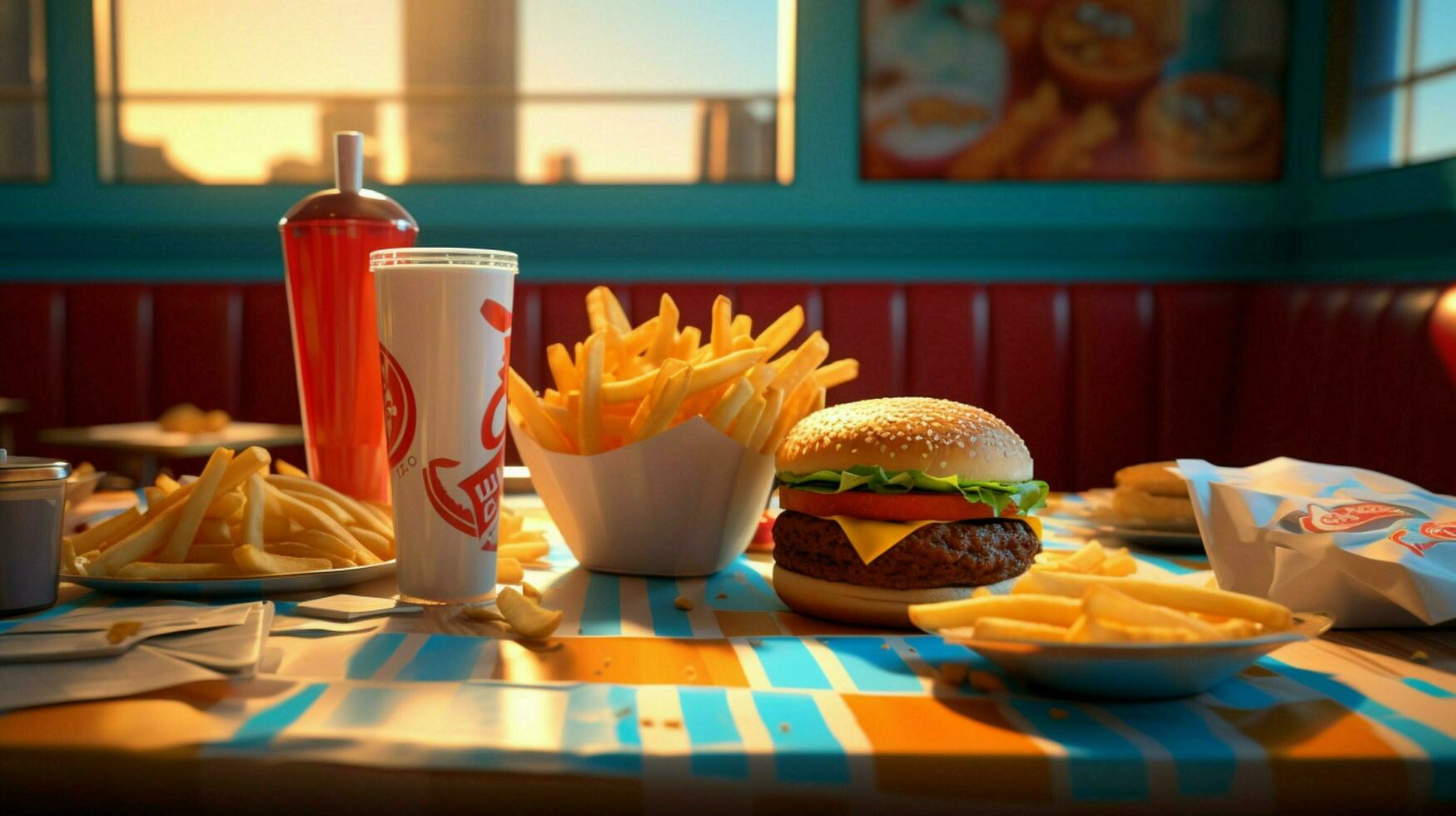 french fries and hamburger in fast food restaurant photo