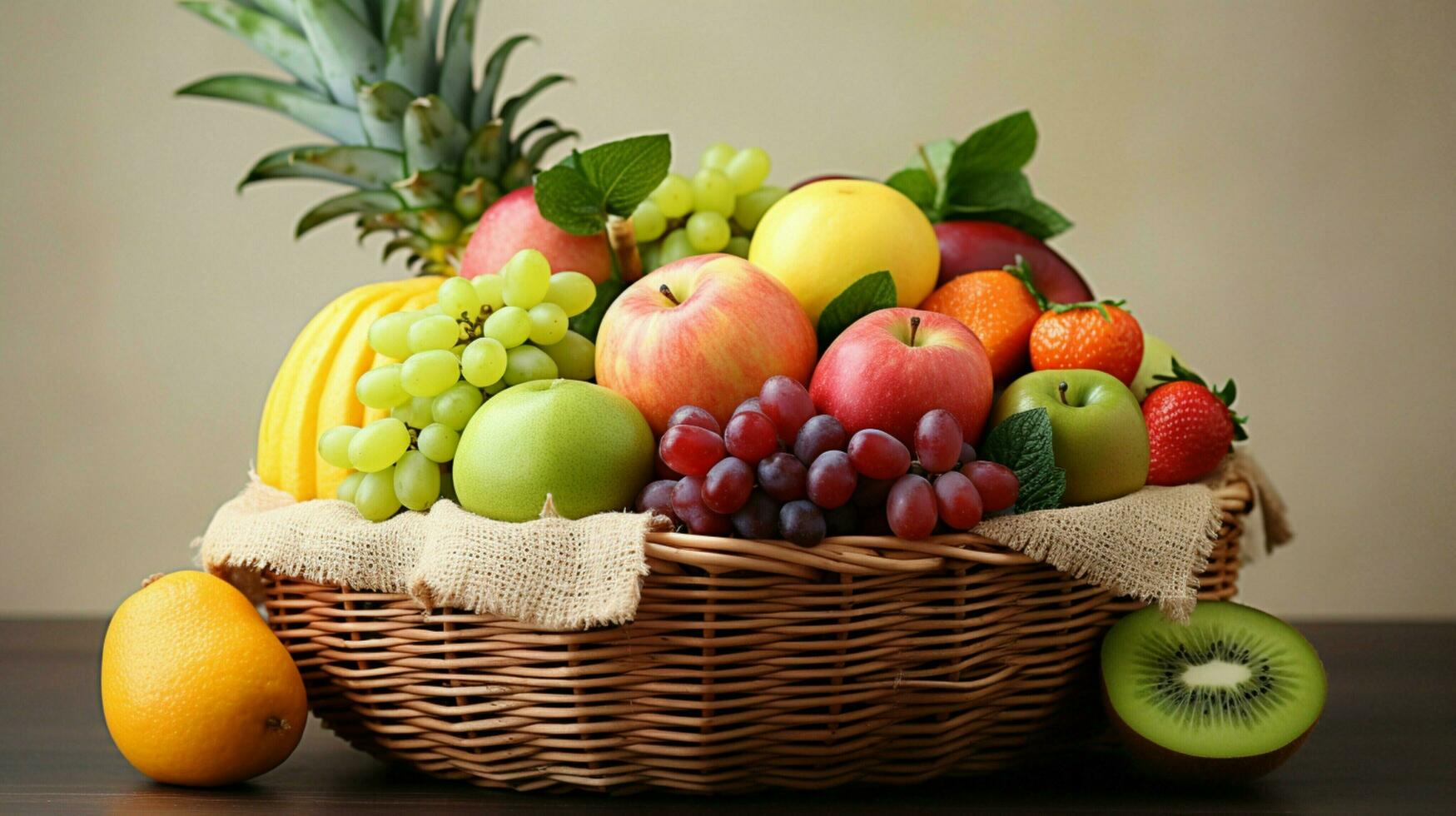 fresh and healthy fruits in straw basket 32937443 Stock Photo at Vecteezy