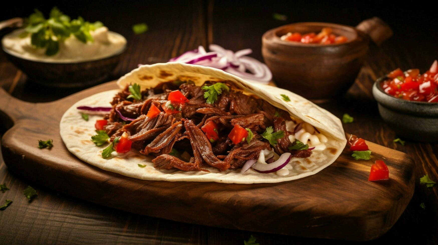 Fresco carne de vaca taco en de madera mesa con salsa foto