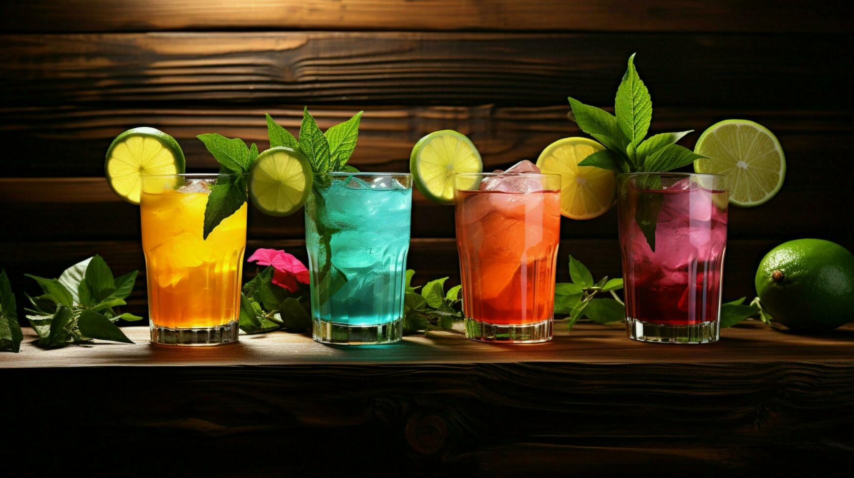 fresh cocktails on wooden table with leafs photo