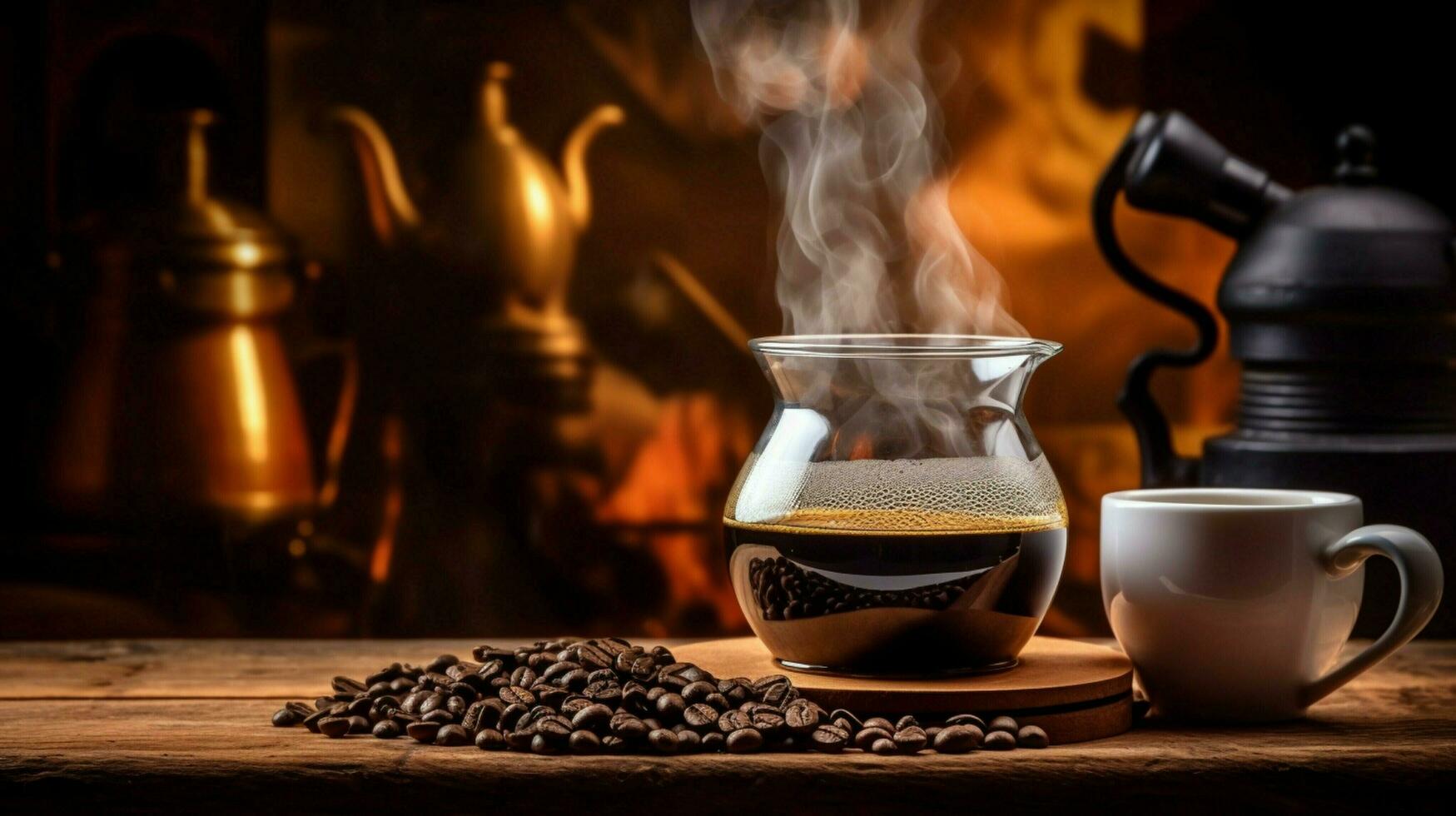 fresh coffee steams on wooden table close up photo