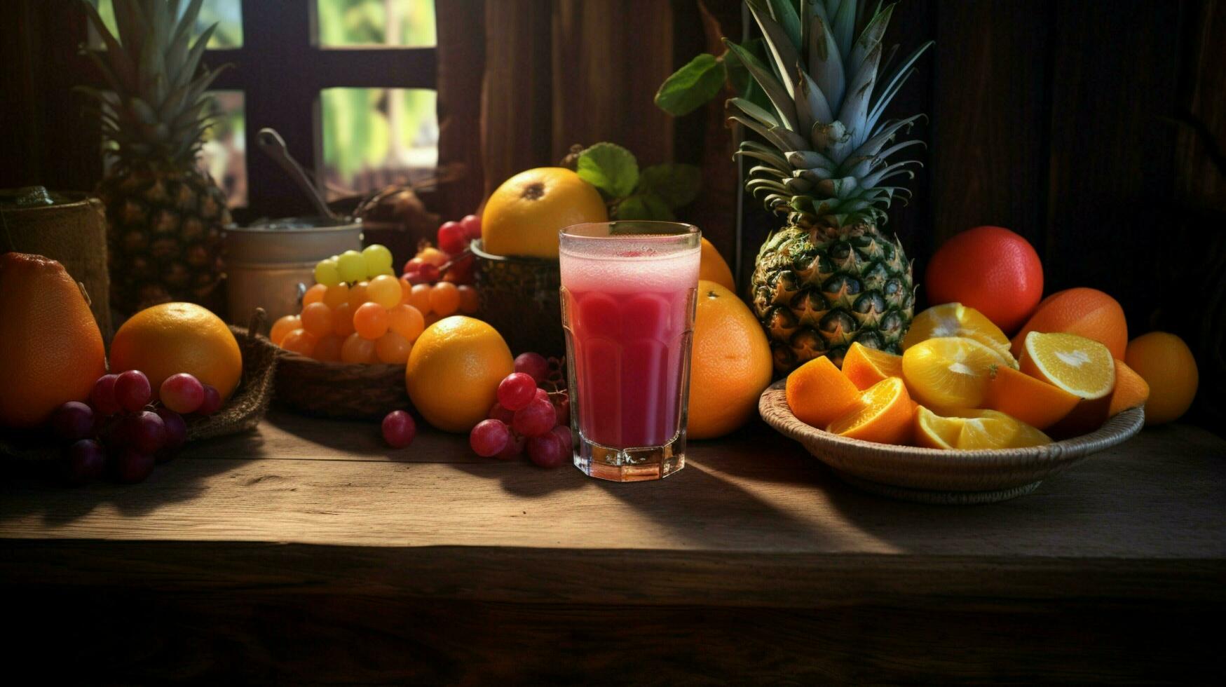 fresh fruit juice over wooden kitchen table photo