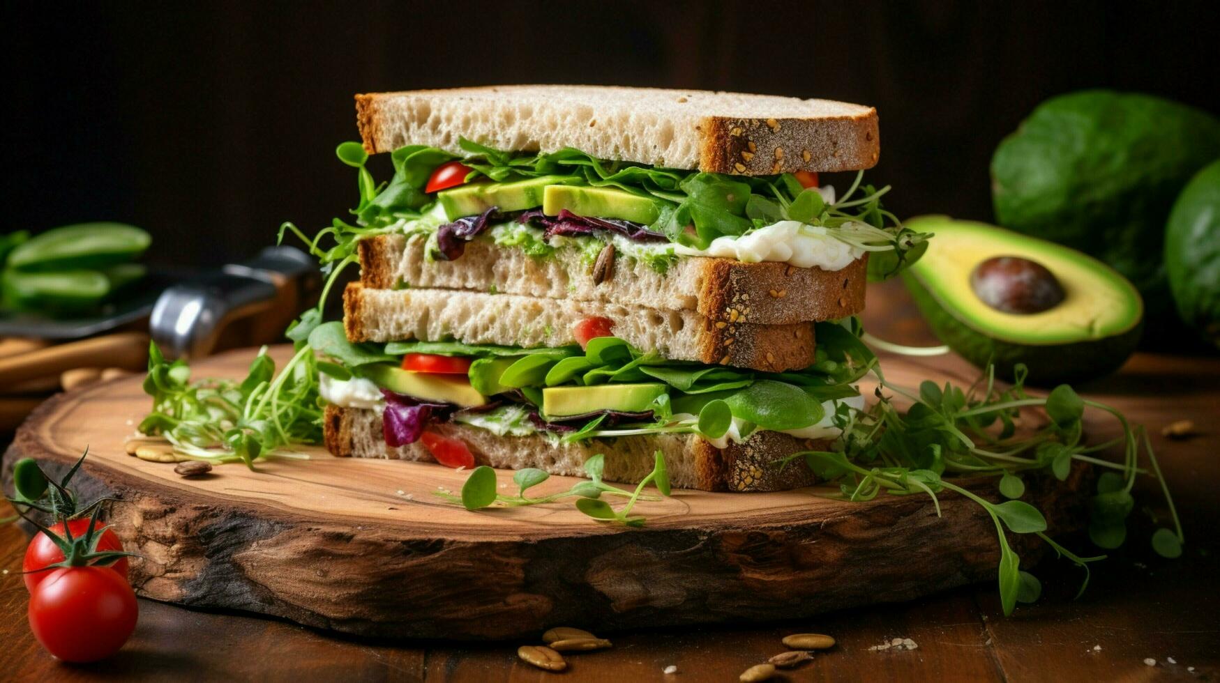 fresh gourmet meal healthy sandwich on rustic wooden plate photo