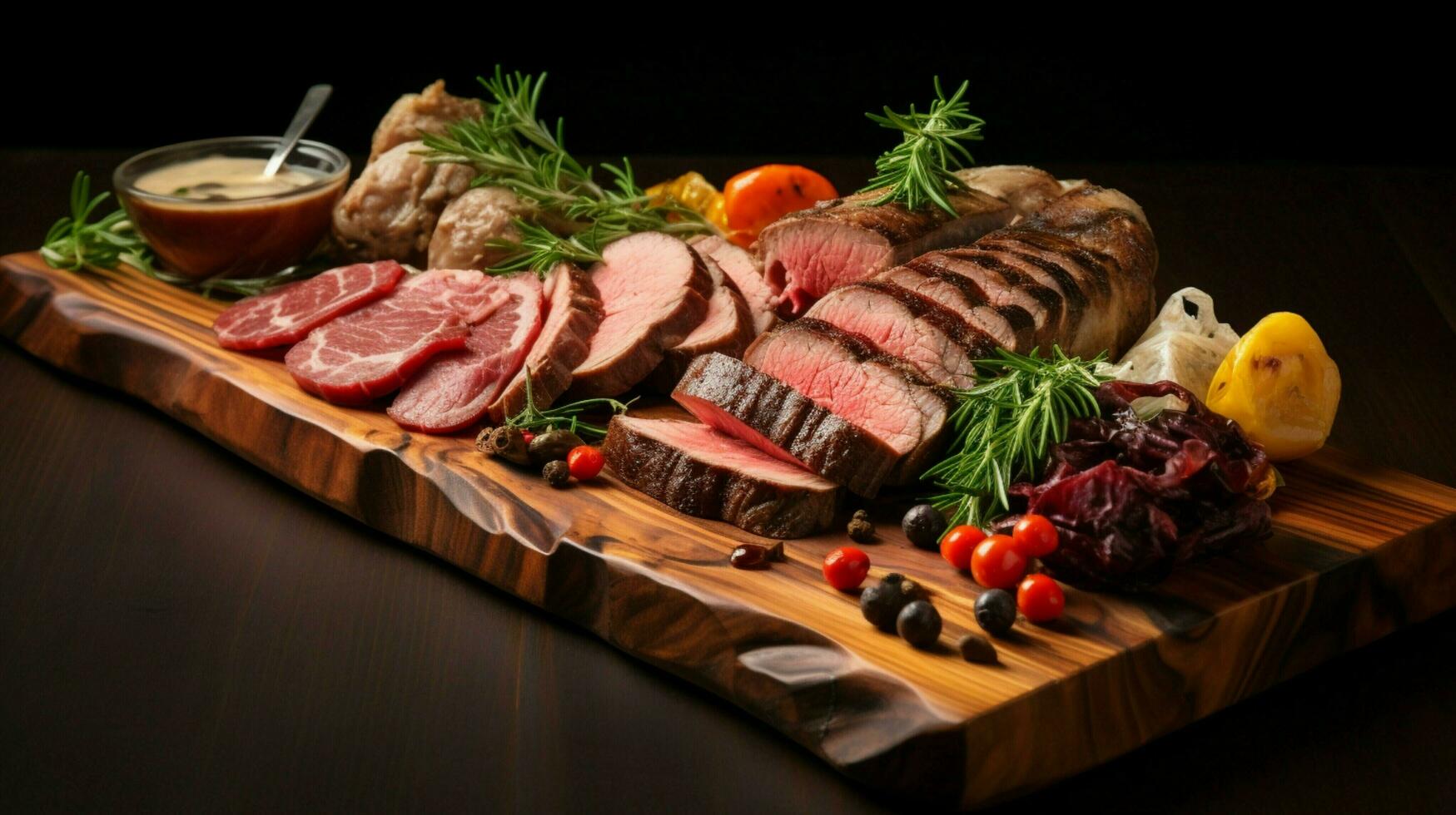 fresh gourmet meat appetizer on wooden plate photo