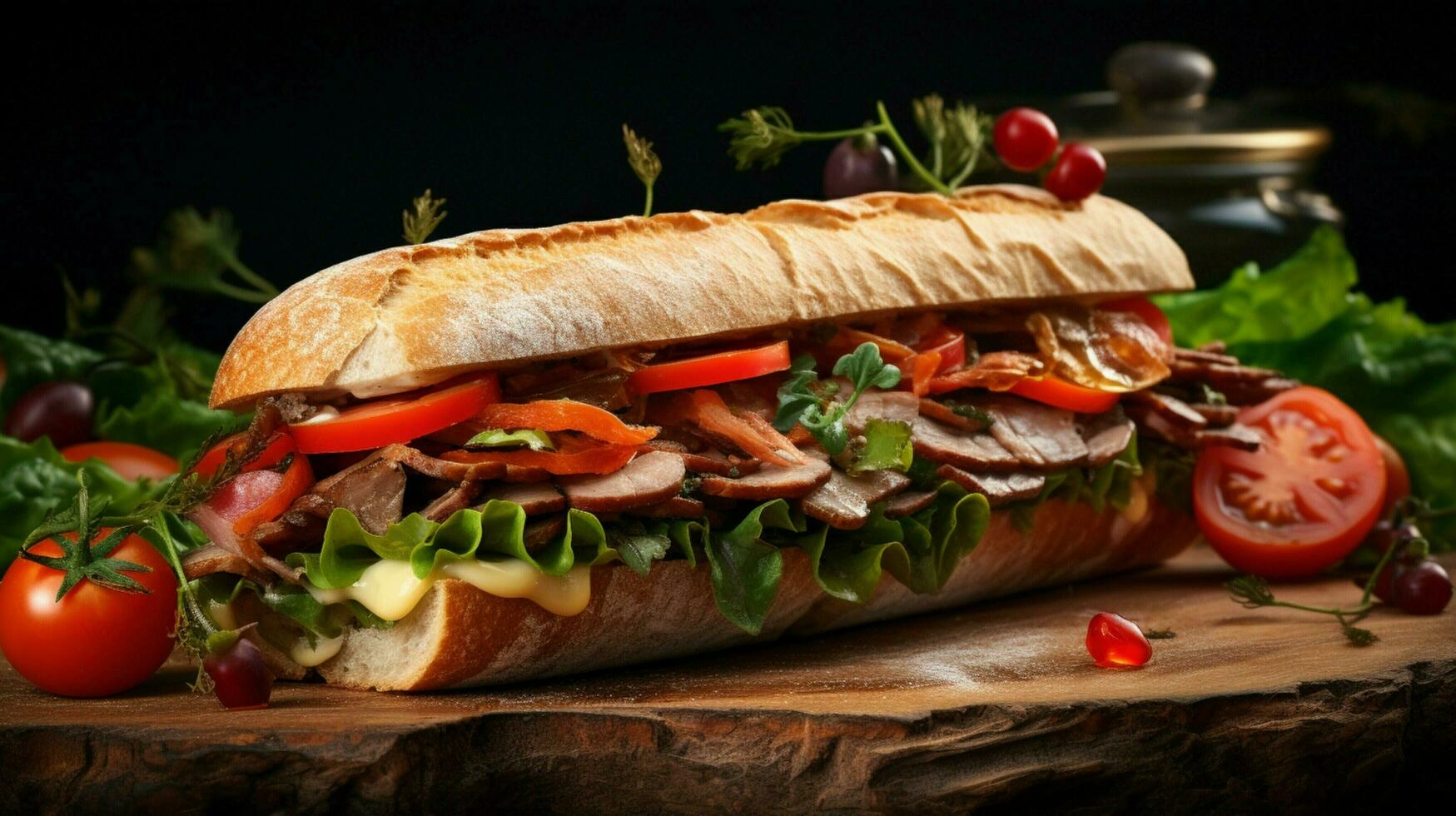 fresh gourmet sandwich with meat and vegetables photo