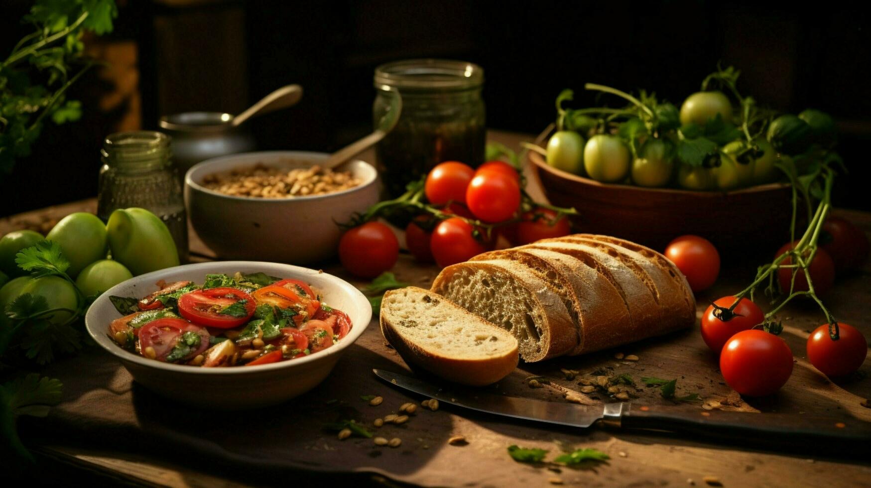 fresh healthy vegetarian meal on wooden table with homemade photo