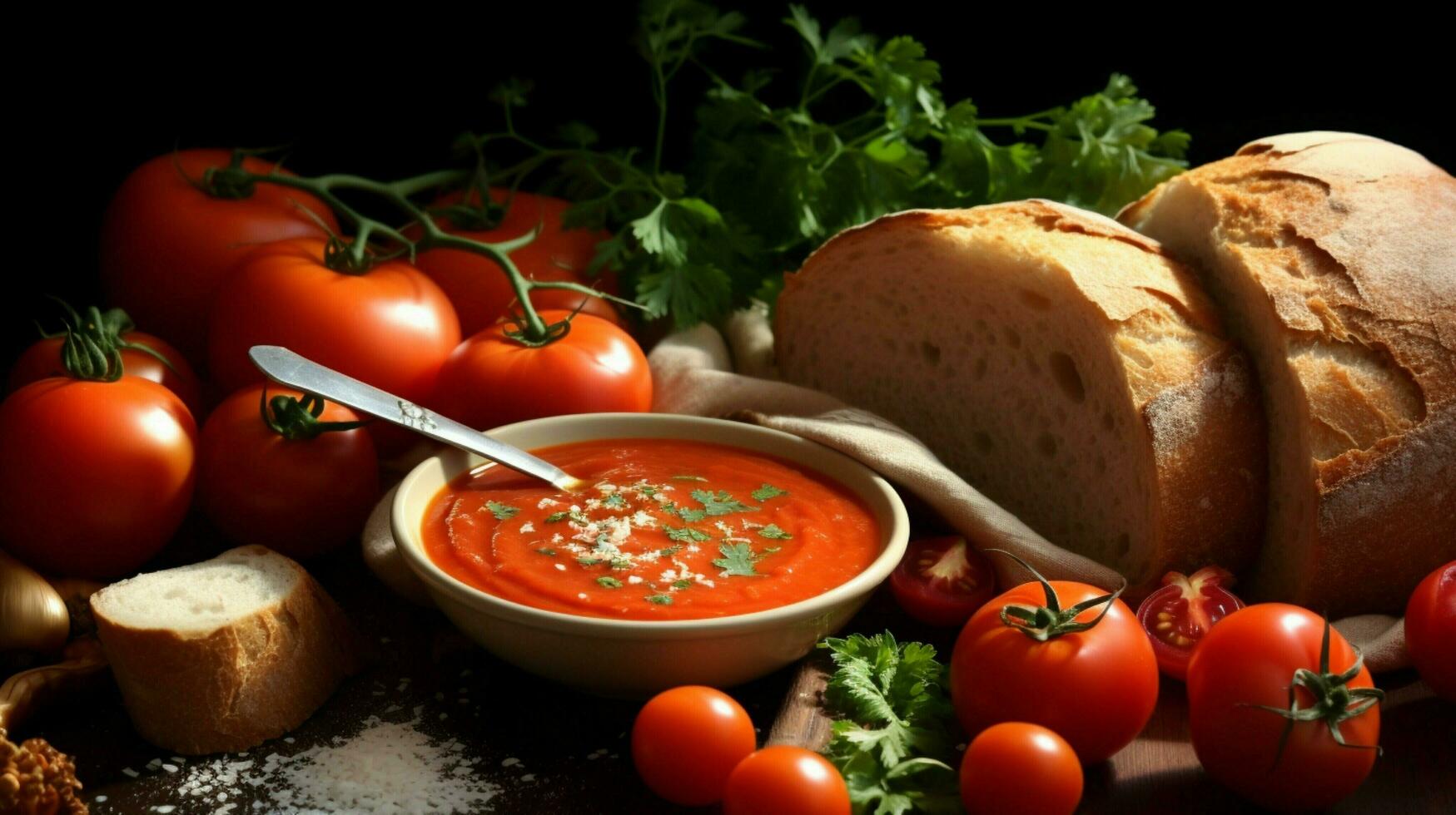 fresh healthy vegetarian meal tomato soup with homemade photo