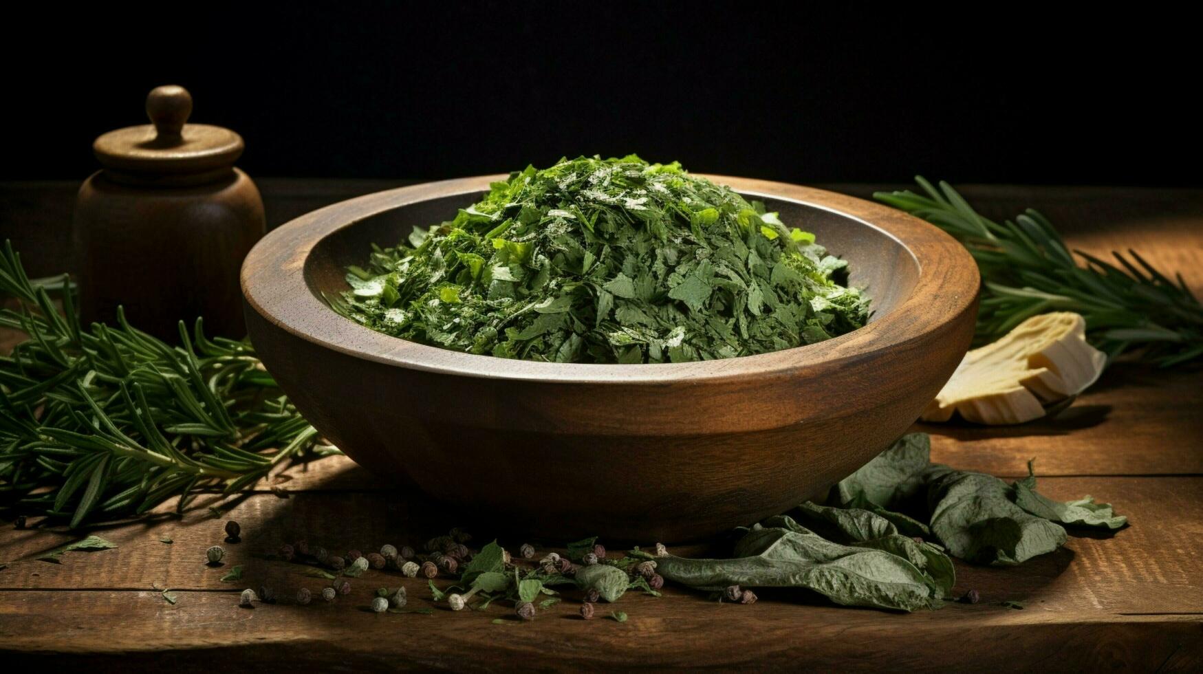 fresh herb seasoning in rustic wood bowl photo