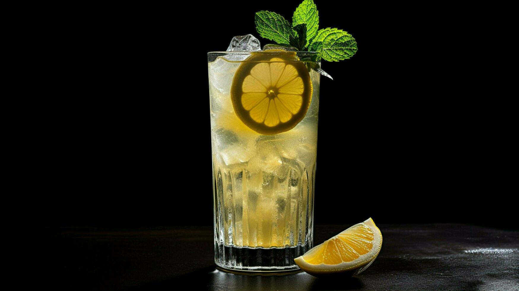 fresh lemon cocktail in highball glass with ice photo