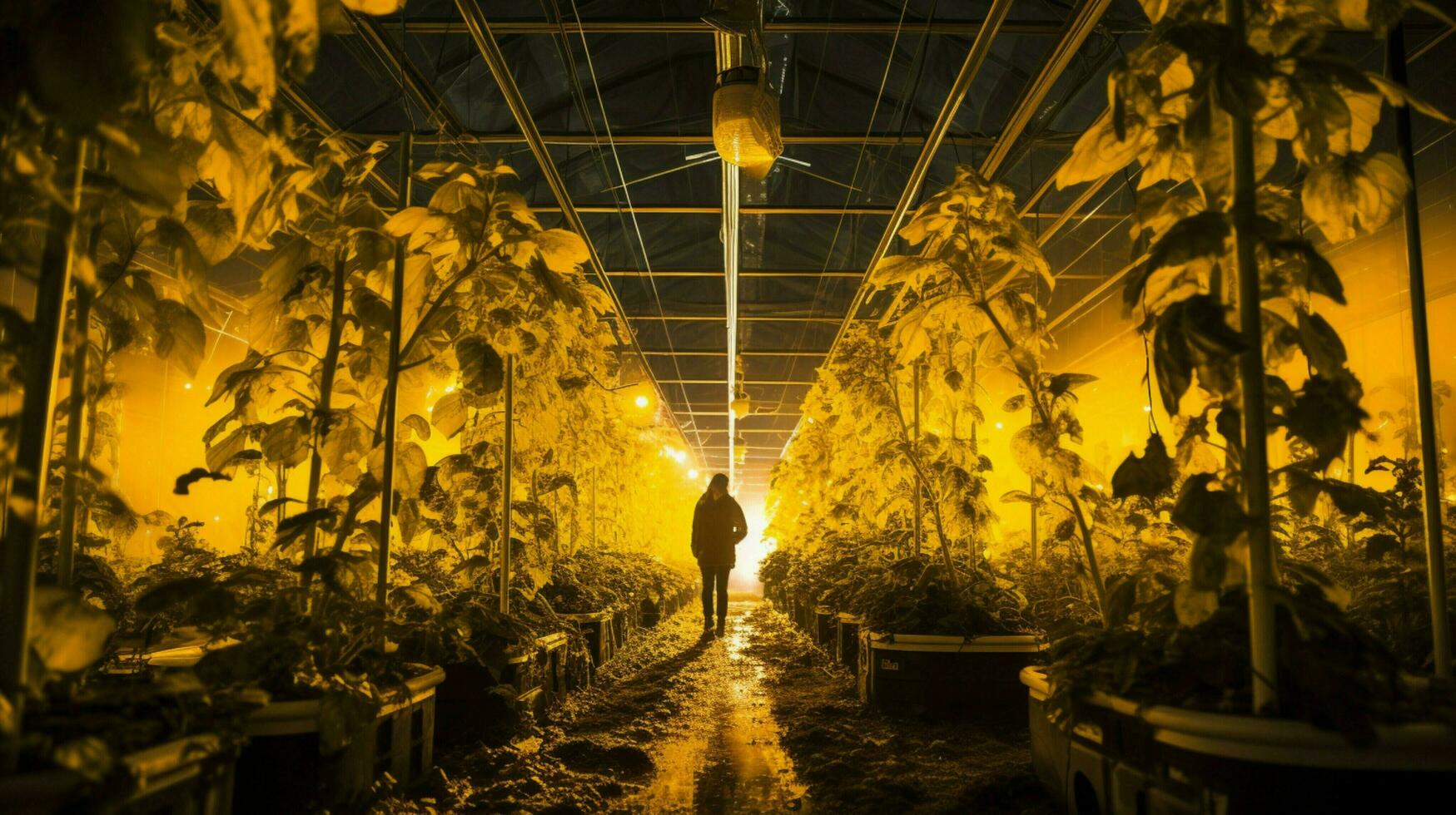 fresh organic growth in greenhouse illuminated by yellow photo