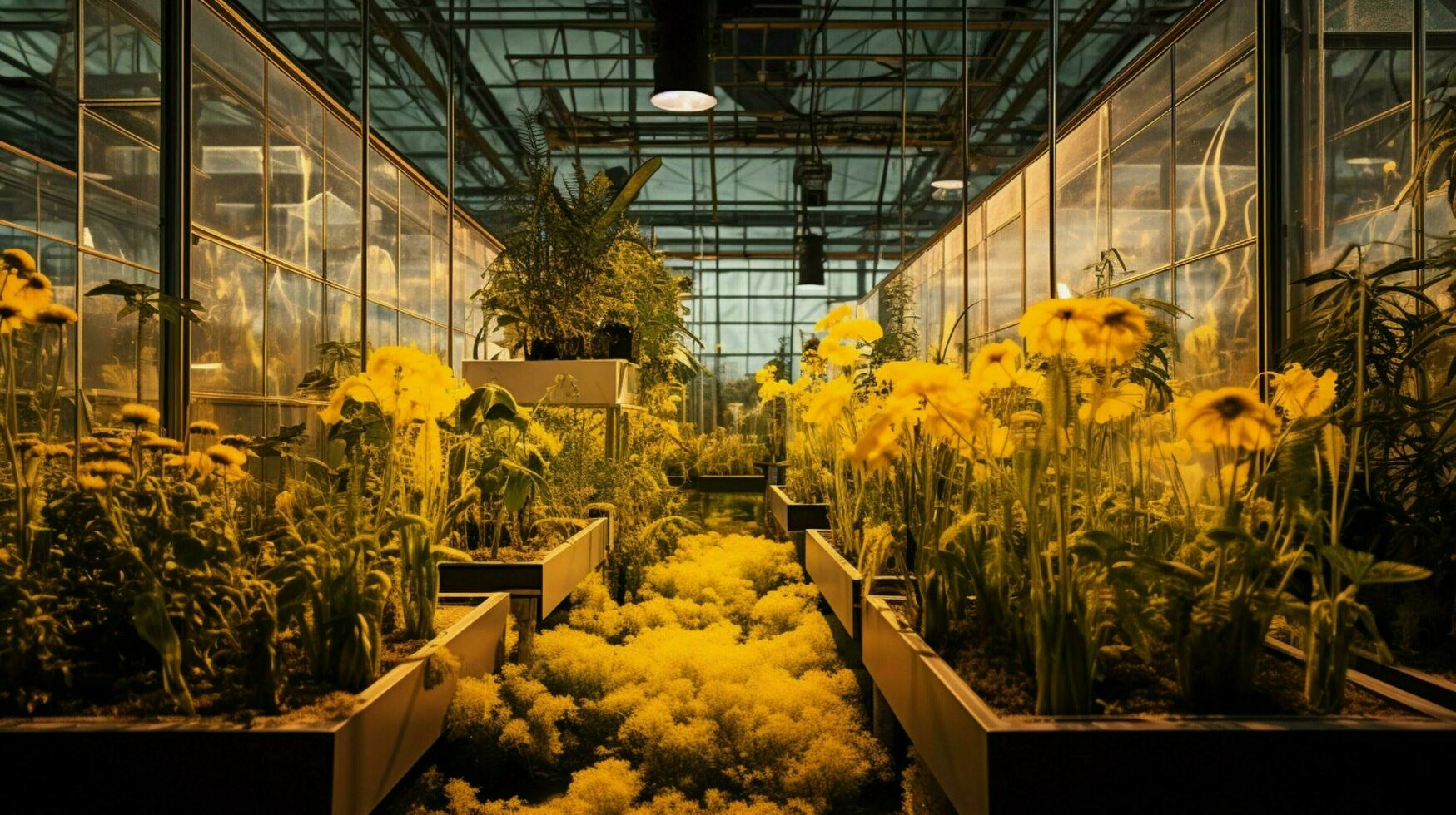 fresh organic growth in greenhouse illuminated by yellow photo