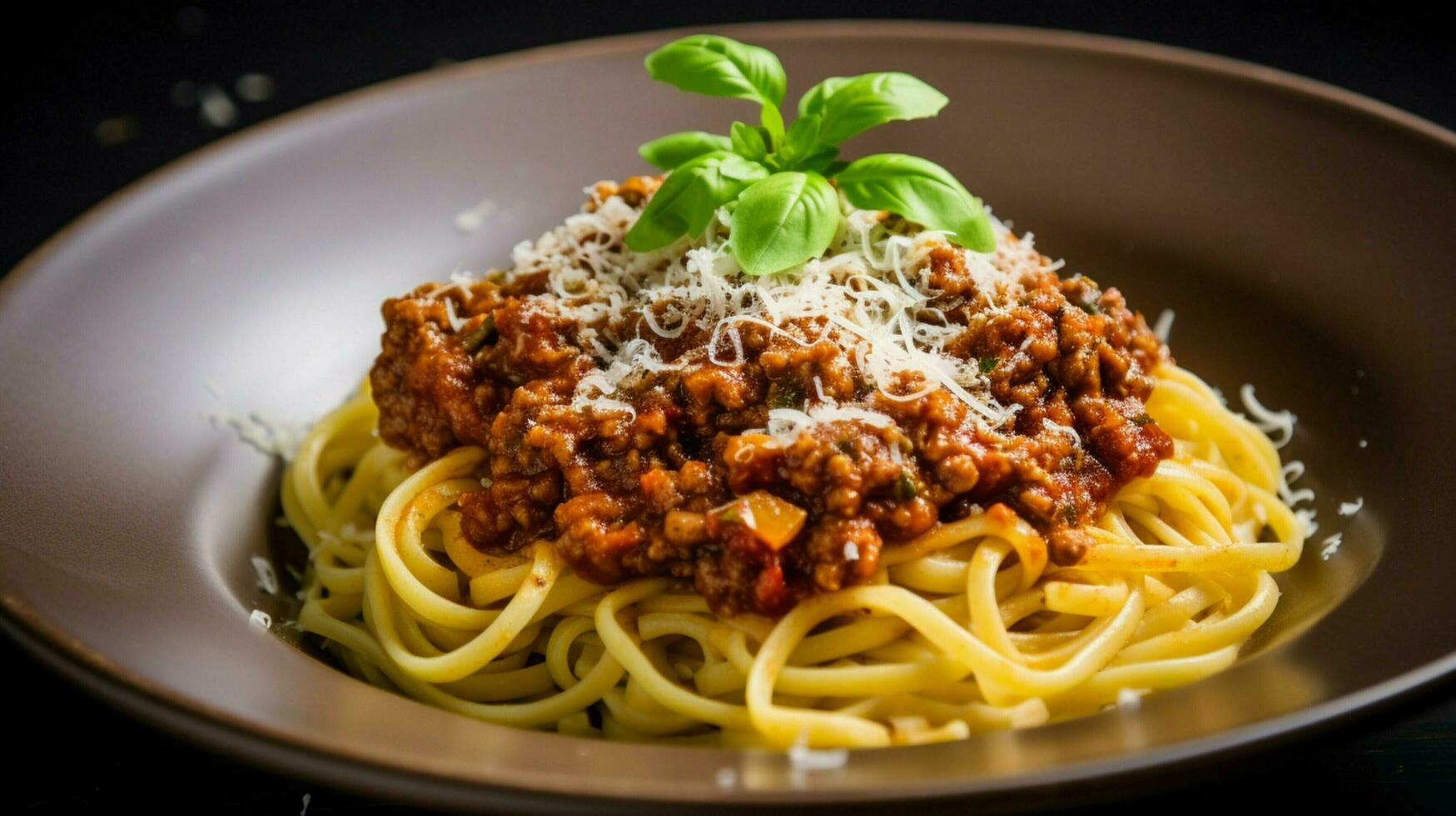 Fresco pasta con abundante boloñesa y parmesano queso foto