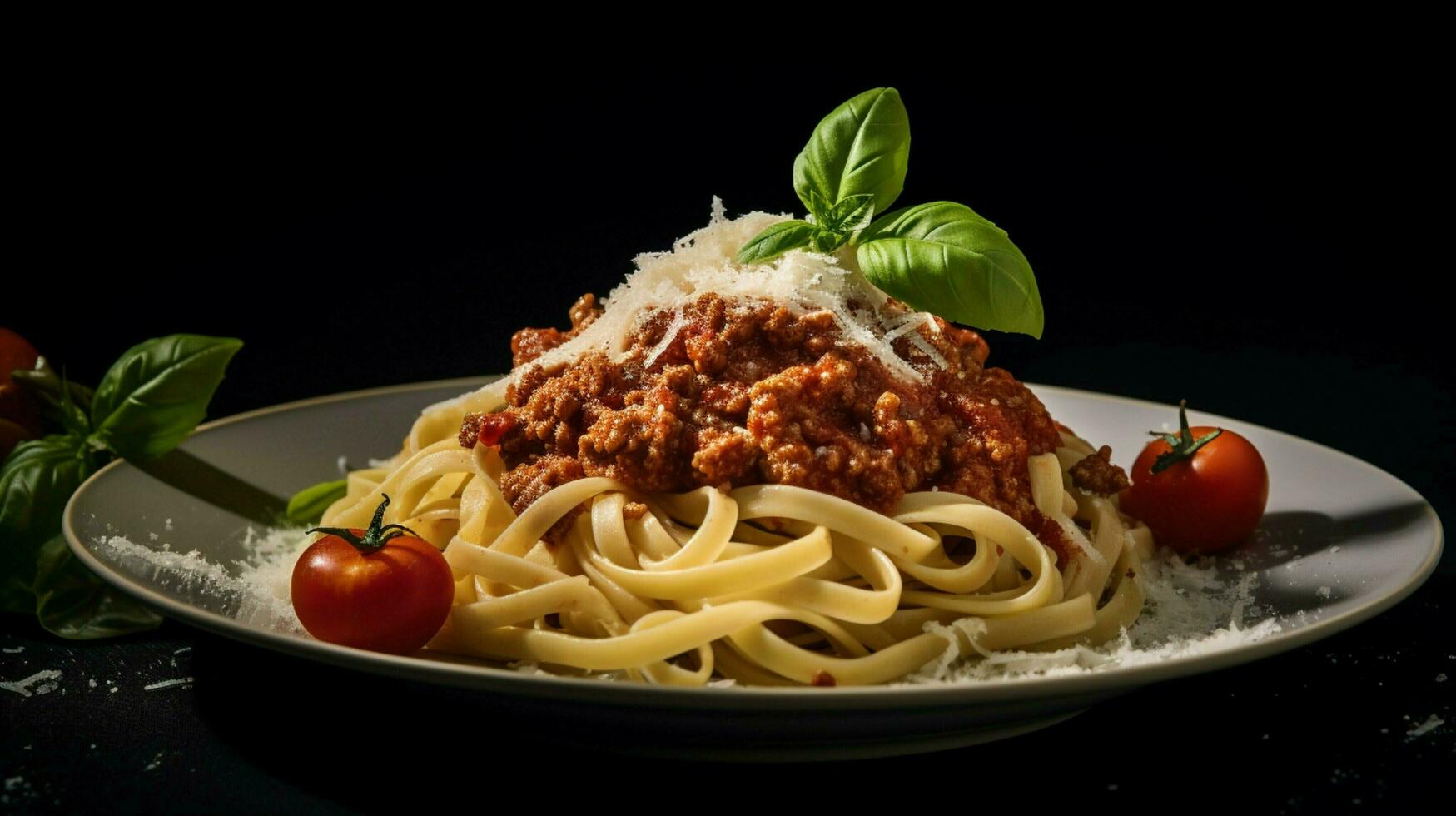 Fresco pasta con abundante boloñesa y parmesano queso foto