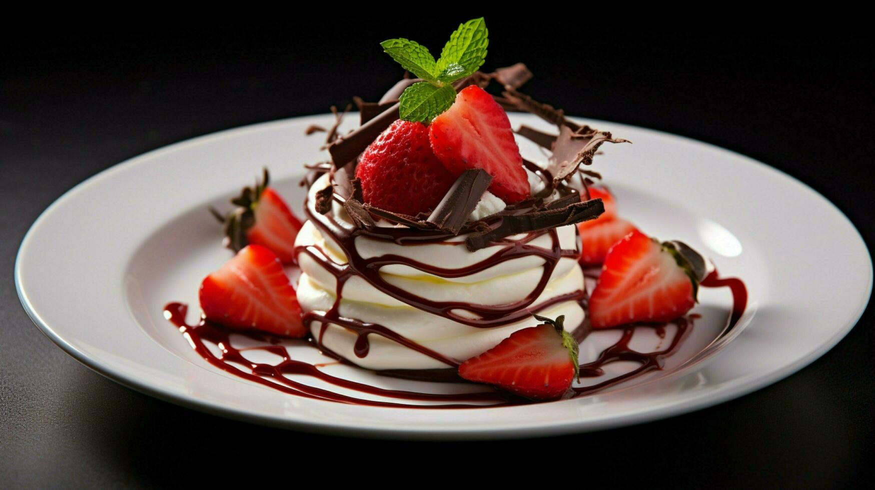 fresh strawberry dessert with chocolate and cream swirls photo