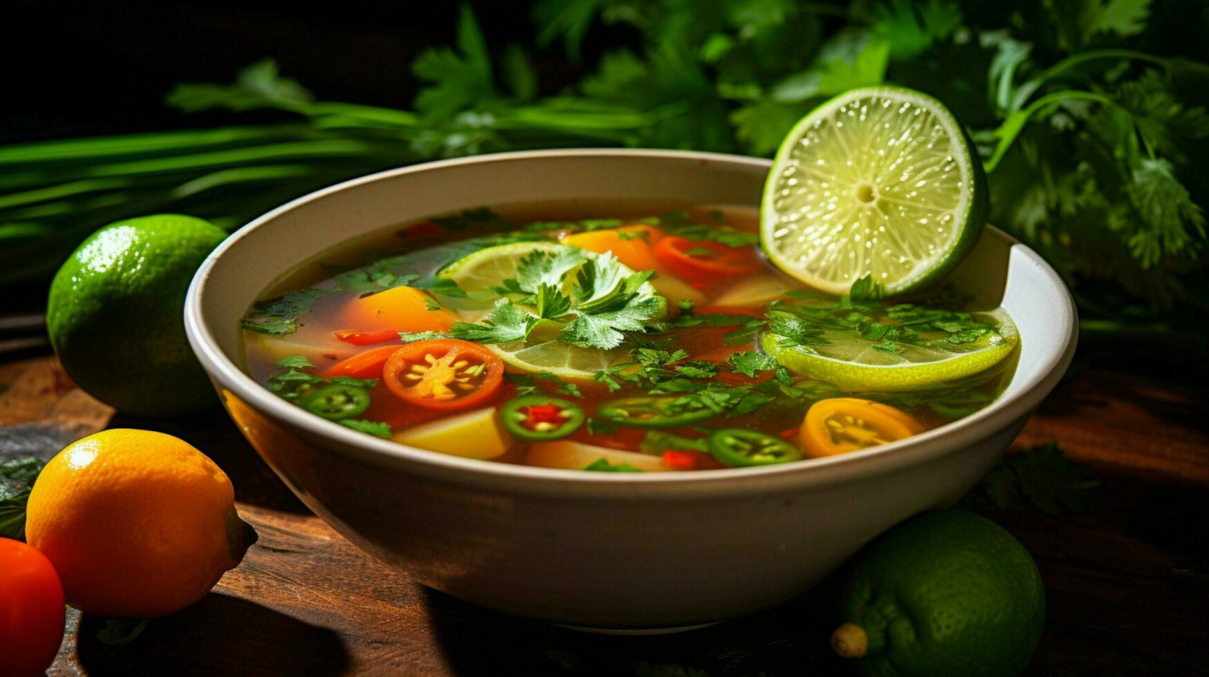 Fresco vegetal sopa en un cuenco adornado con Lima rebanada foto