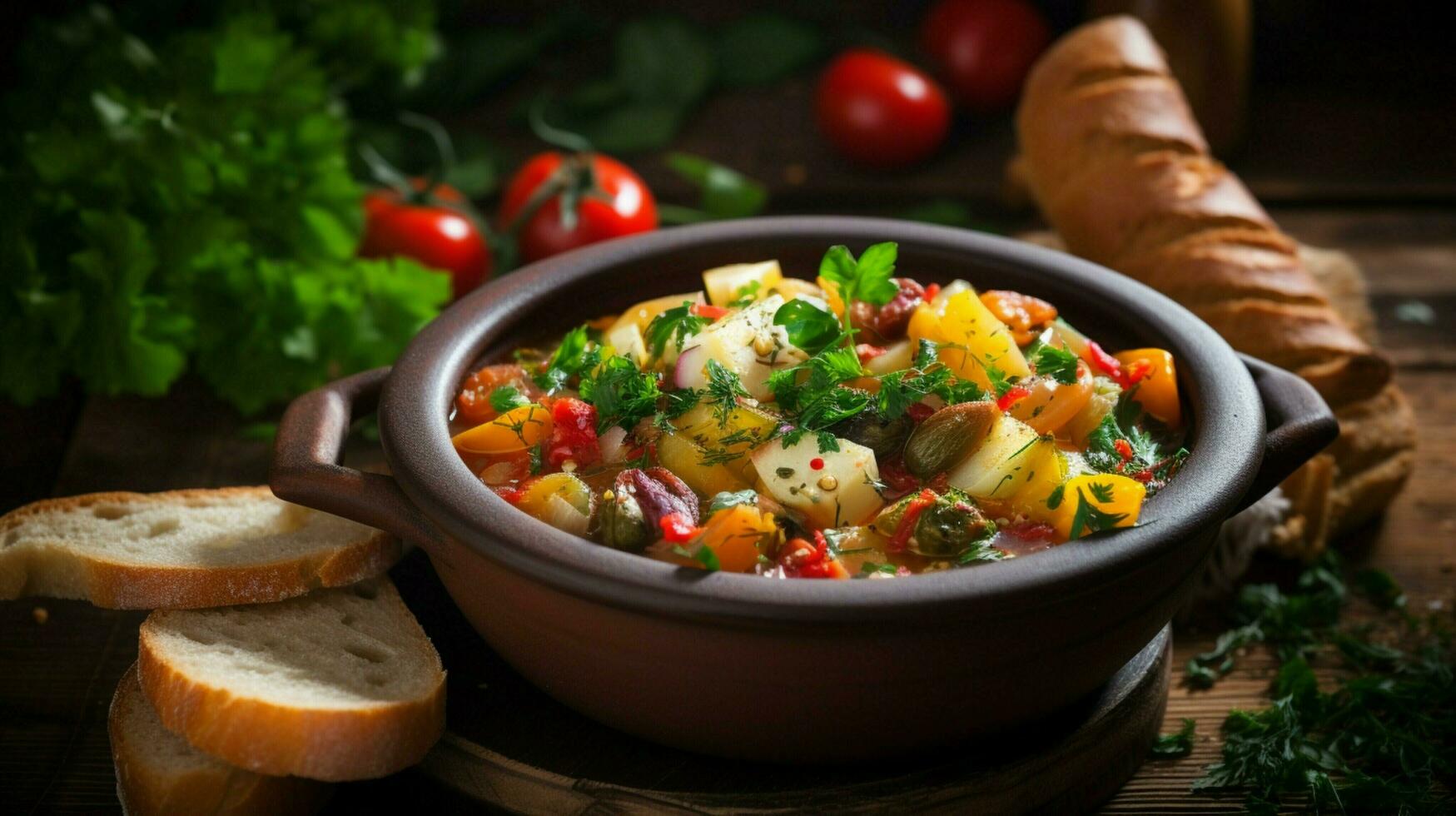 Fresco vegetal estofado un sano almuerzo en un rústico mesa foto