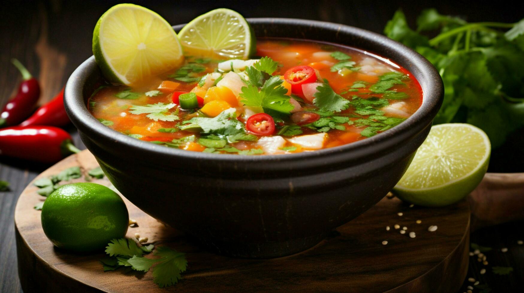 fresh vegetable soup in a bowl garnished with lime slice photo