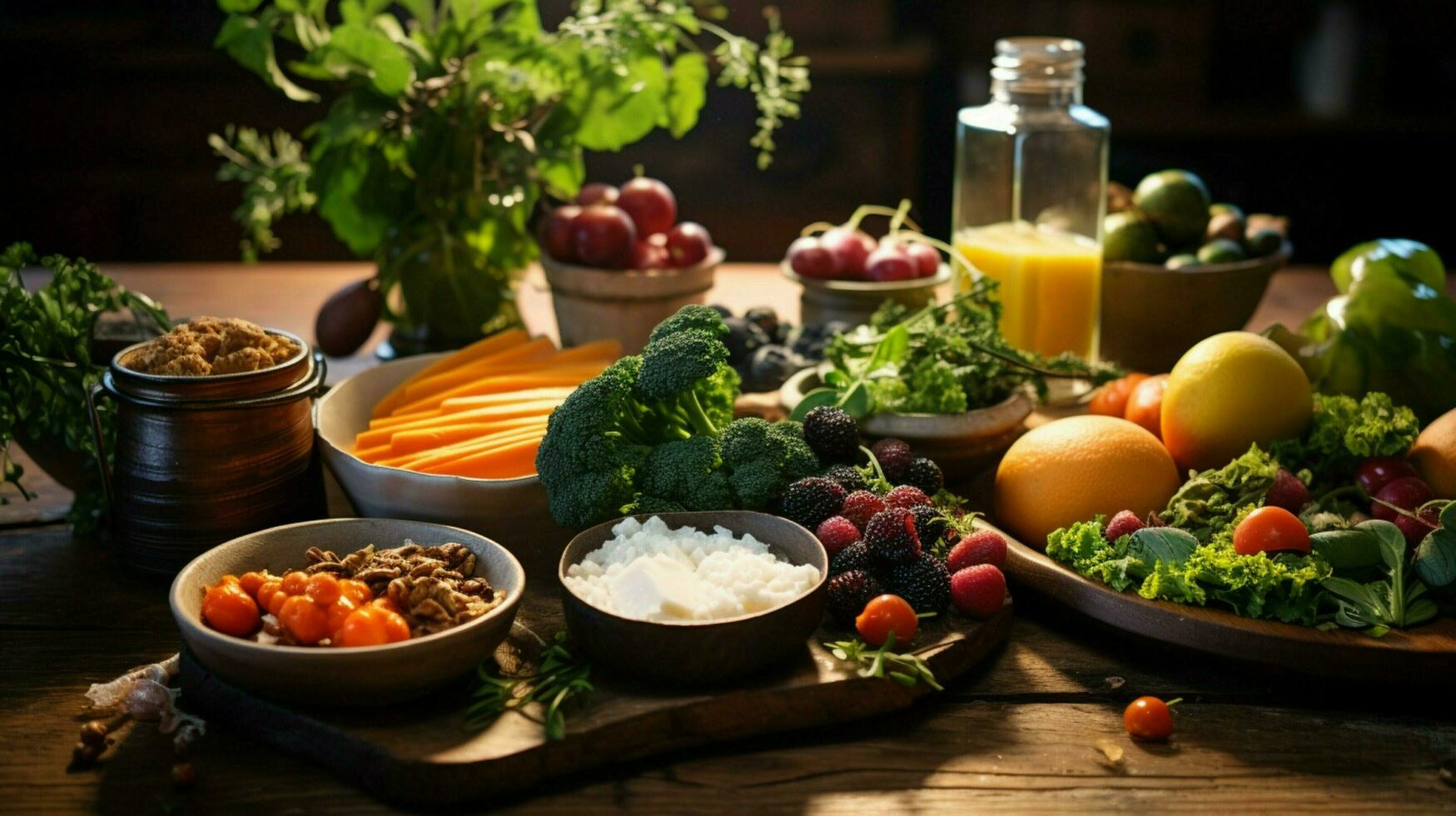 fresh vegetarian gourmet meal on rustic wood table photo